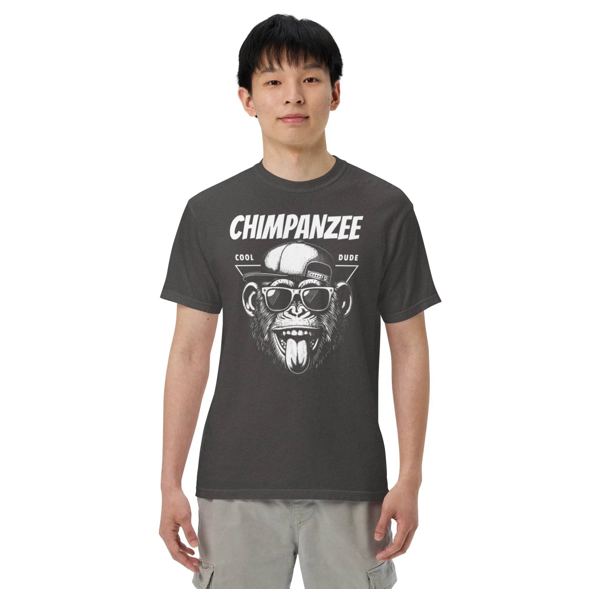 Graphite heavyweight t-shirt with bold chimpanzee illustration – urban streetwear graphic garment-dyed style - Annaise Store