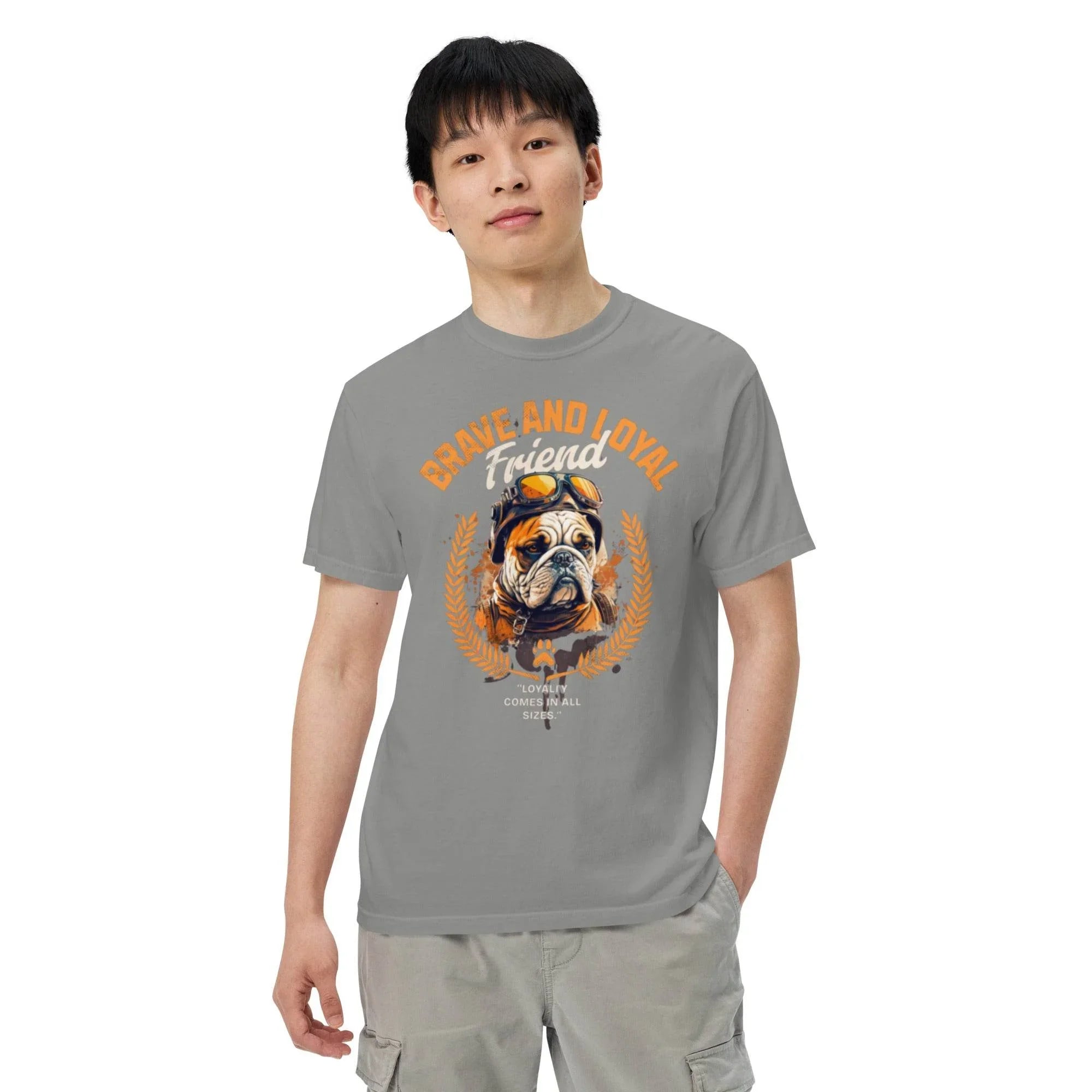 Grey heavyweight garment-dyed t-shirt featuring a vintage bulldog graphic – bold streetwear inspired by loyalty and timeless style. - Annaise Store