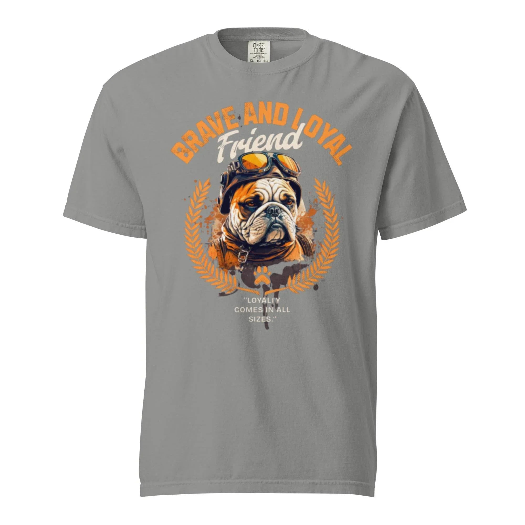 Grey heavyweight garment-dyed t-shirt featuring a vintage bulldog graphic – bold streetwear inspired by loyalty and timeless style. - Annaise Store