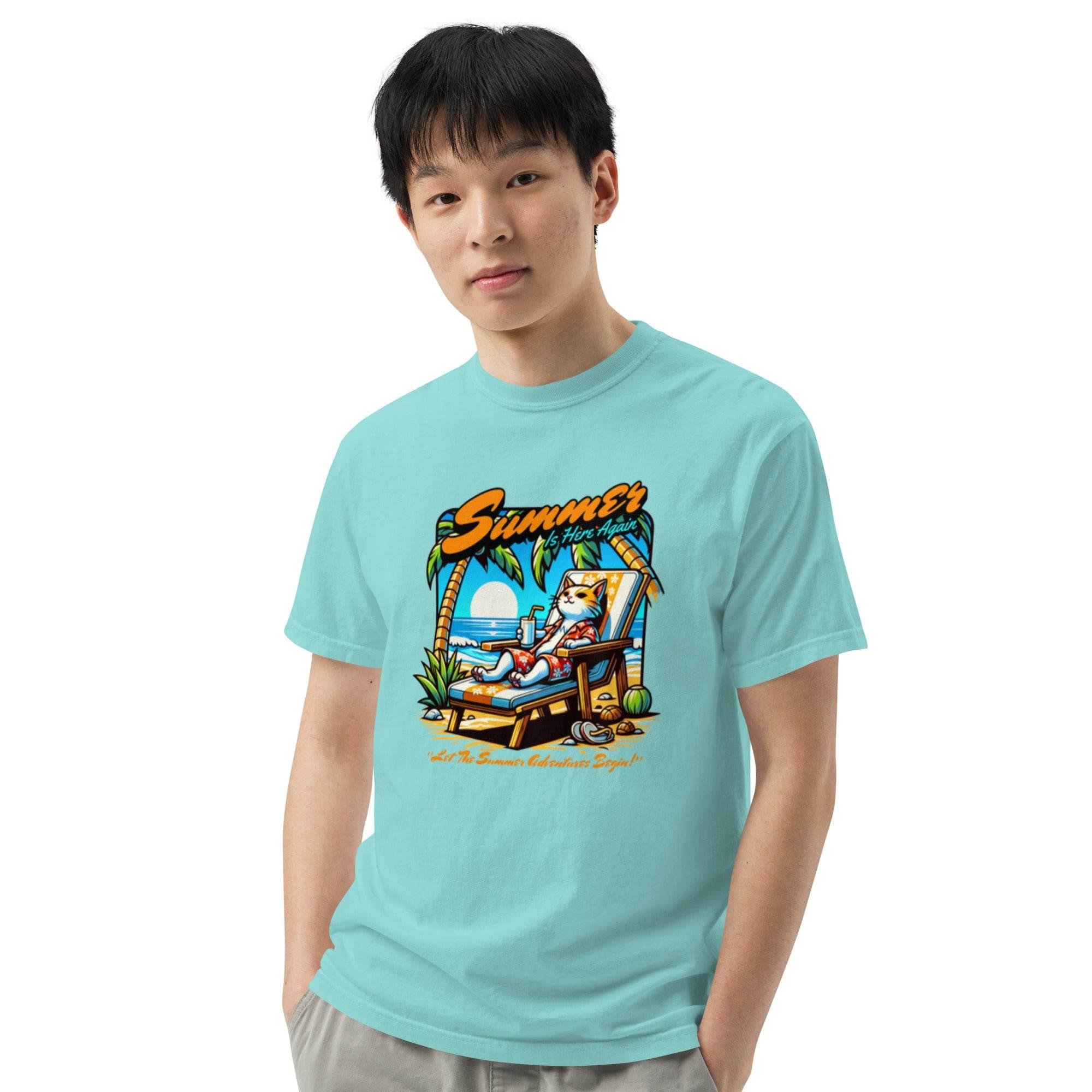 Lagoon-blue garment-dyed heavyweight t-shirt with colorful ocean escape graphic – beach-inspired casual summer style. - Annaise Store