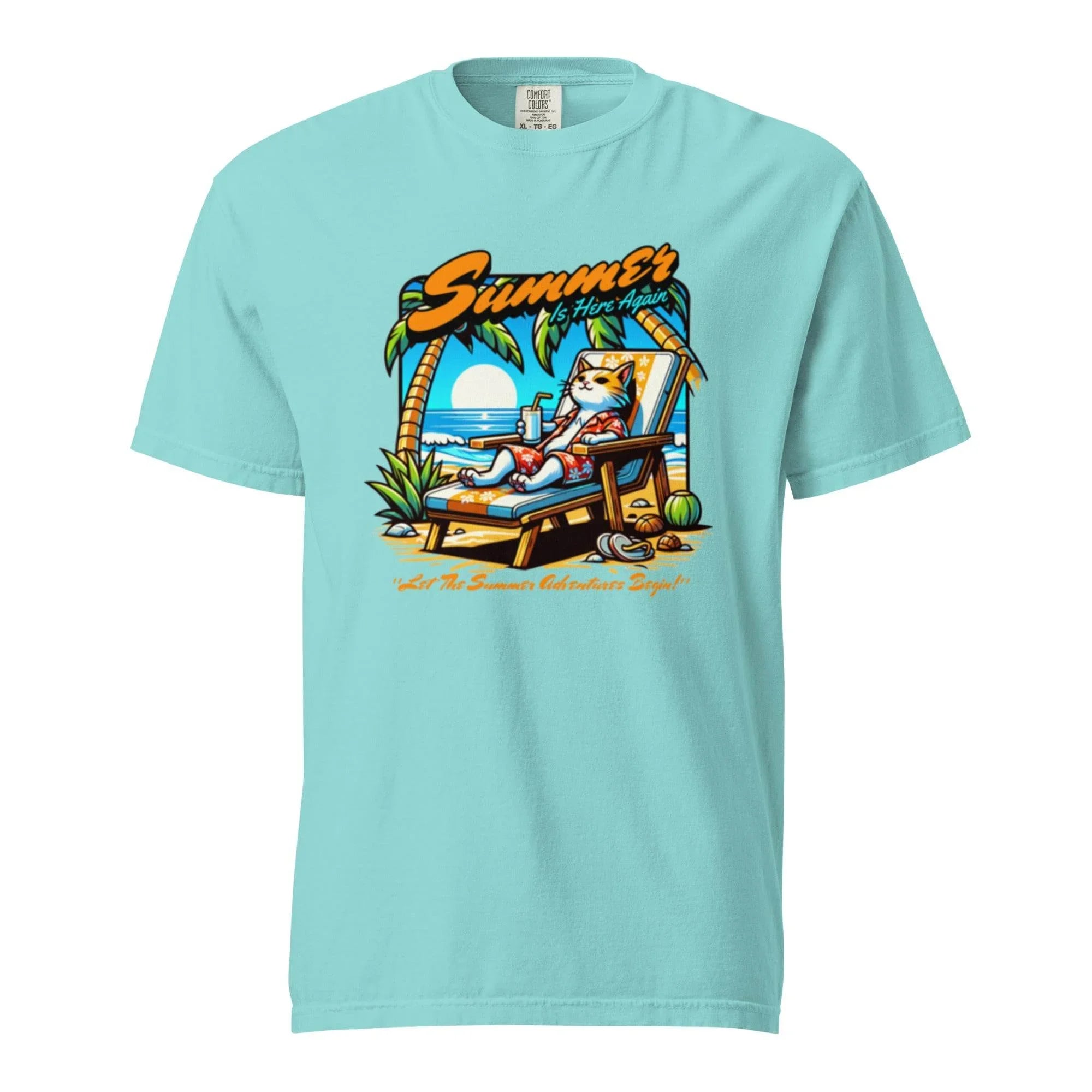 Lagoon-blue garment-dyed heavyweight t-shirt with colorful ocean escape graphic – beach-inspired casual summer style. - Annaise Store