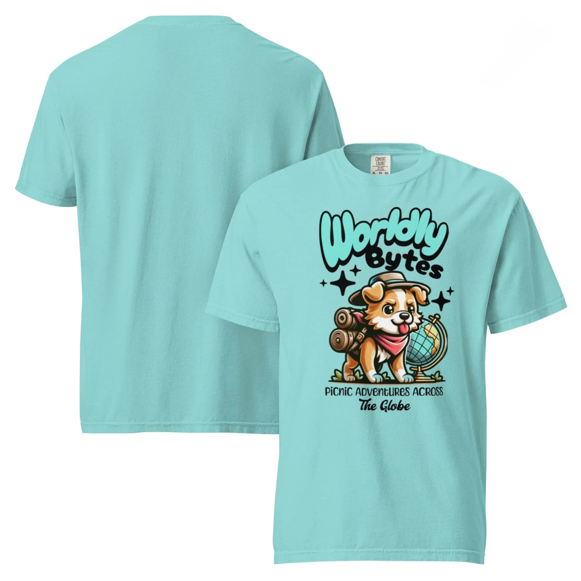 Lagoon-blue vintage-wash heavyweight t-shirt with ‘Worldly Bytes’ globe explorer graphic – bold garment-dyed style for adventurers. - Annaise Store