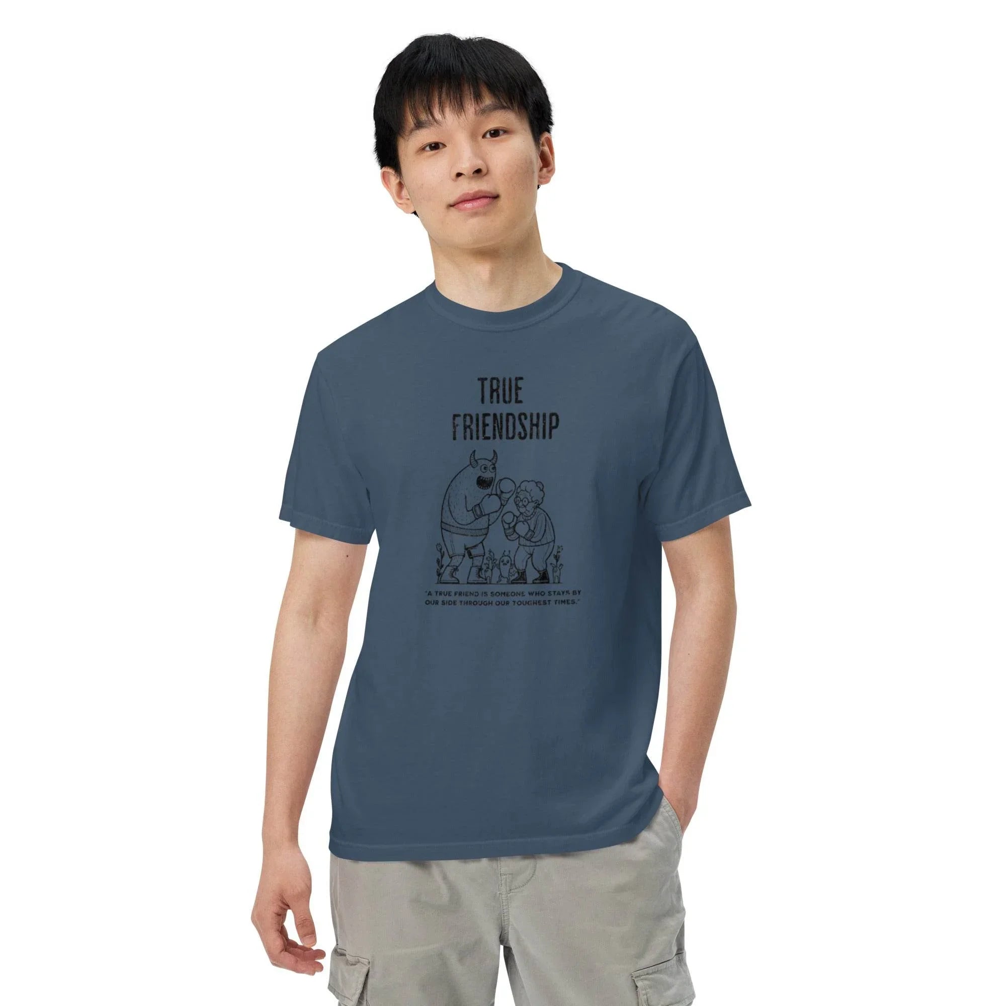 Midnight heavyweight garment-dyed t-shirt with timeless ‘True Friendship’ slogan – comfort and bond-inspired graphic style.- Annaise Store