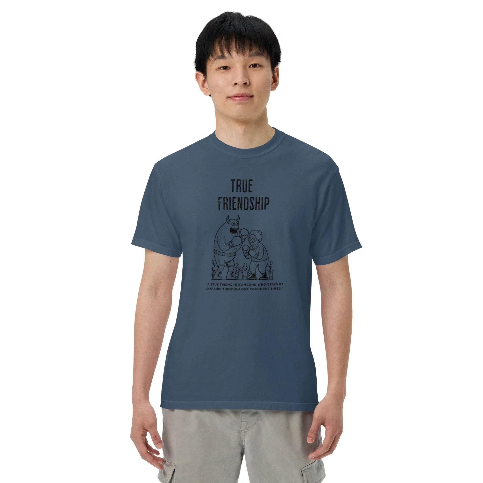 Midnight heavyweight garment-dyed t-shirt with timeless ‘True Friendship’ slogan – comfort and bond-inspired graphic style. - Annaise Store