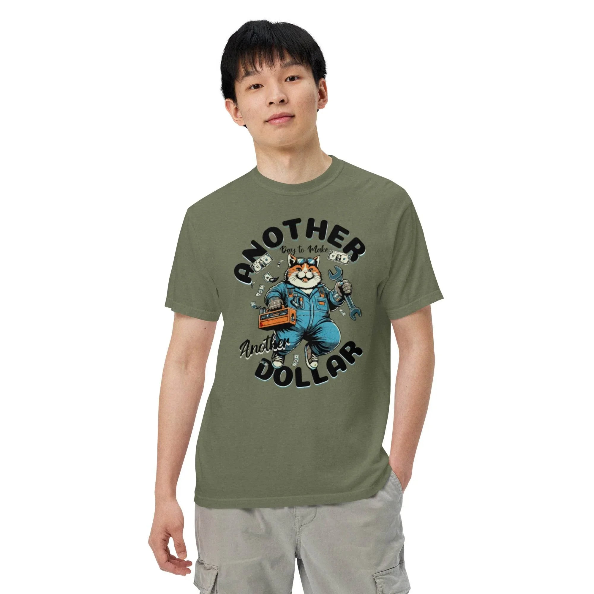 Moss garment-dyed heavyweight t-shirt with retro cartoon workwear design – vintage-inspired bold graphic, titled Another Dollar.- Annaise Store