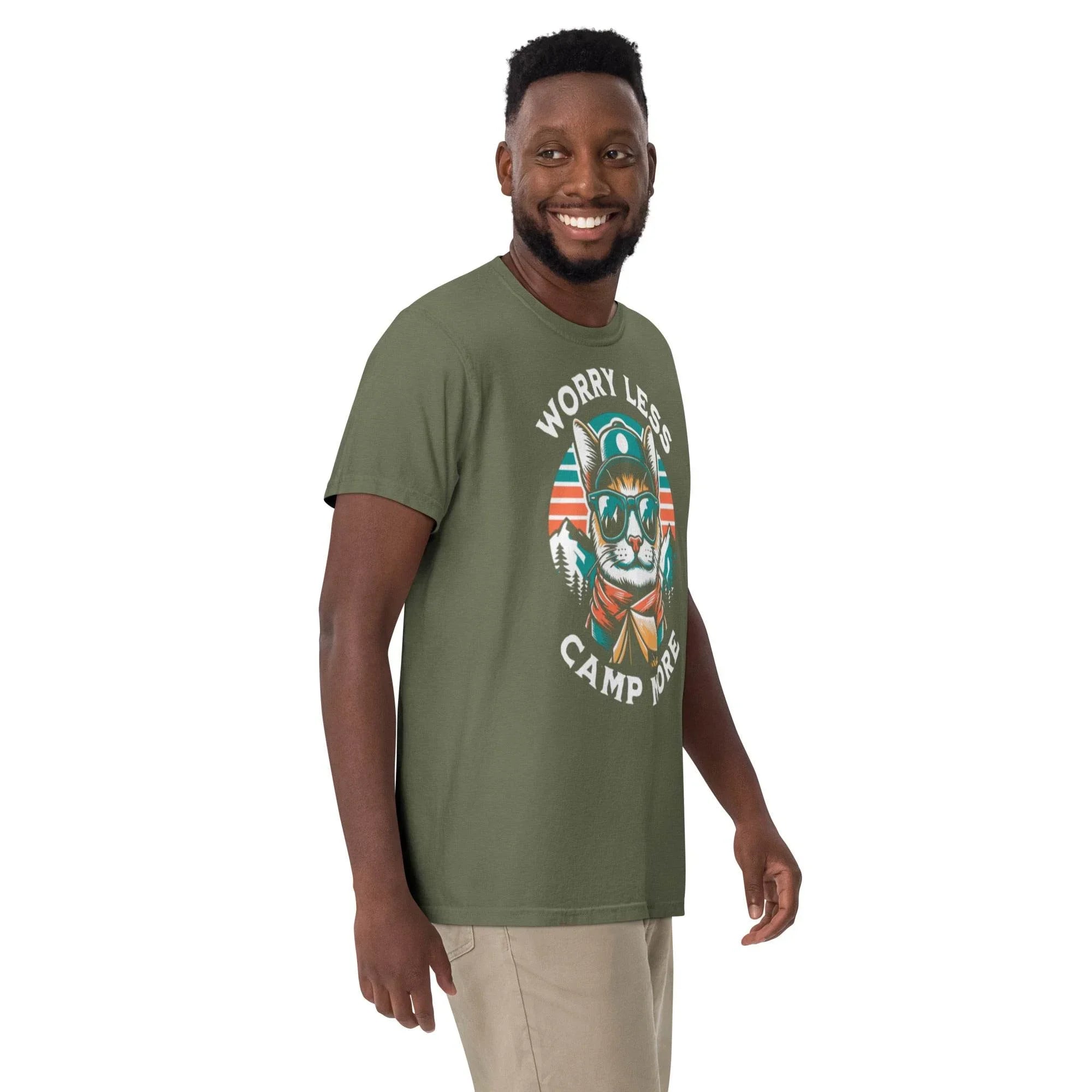 Moss heavyweight outdoor graphic tee with ‘Worry Less, Camp More’ slogan – rugged garment-dyed adventure style. - Annaise Store