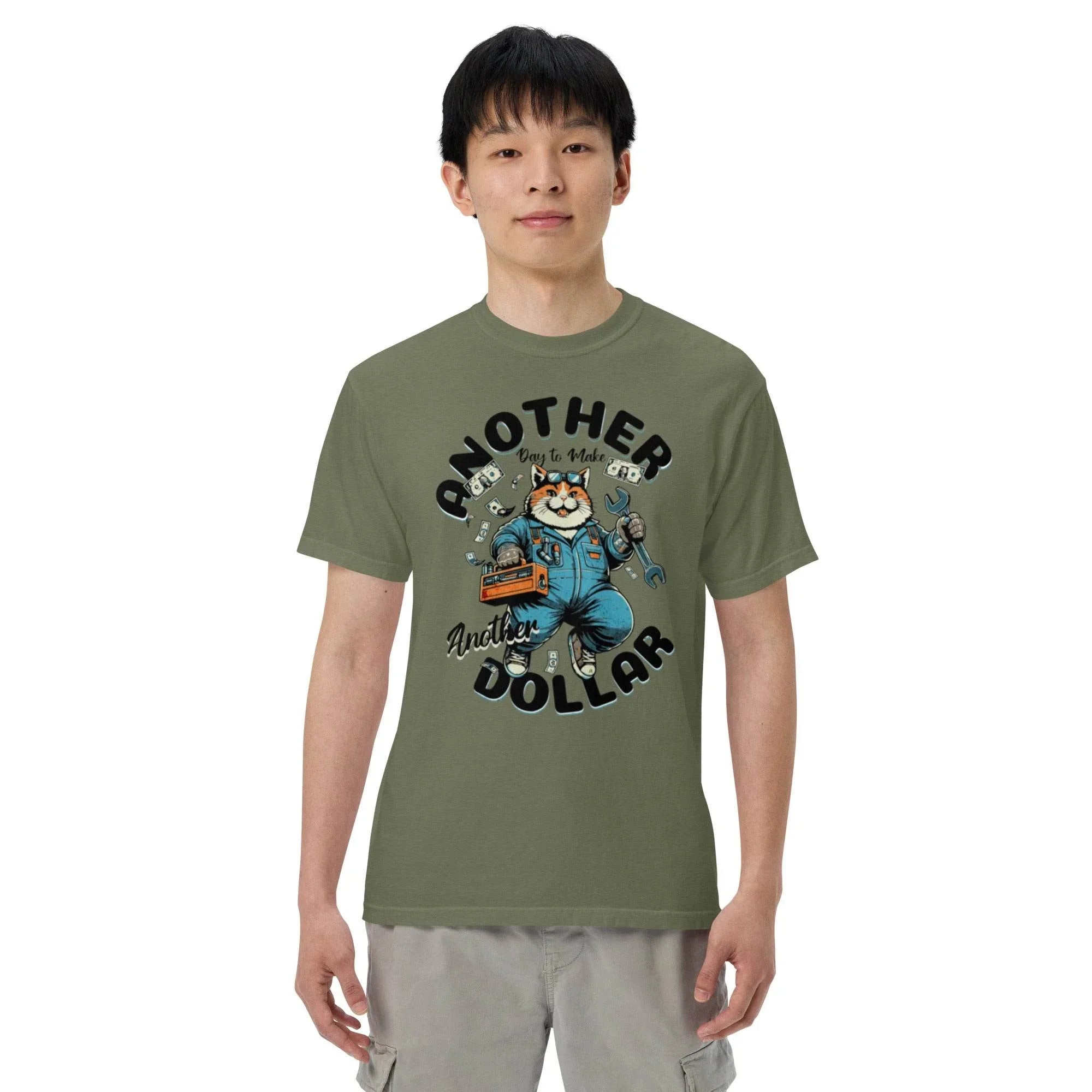 Moss garment-dyed heavyweight t-shirt with retro cartoon workwear design – vintage-inspired bold graphic, titled Another Dollar. - Annaise Store