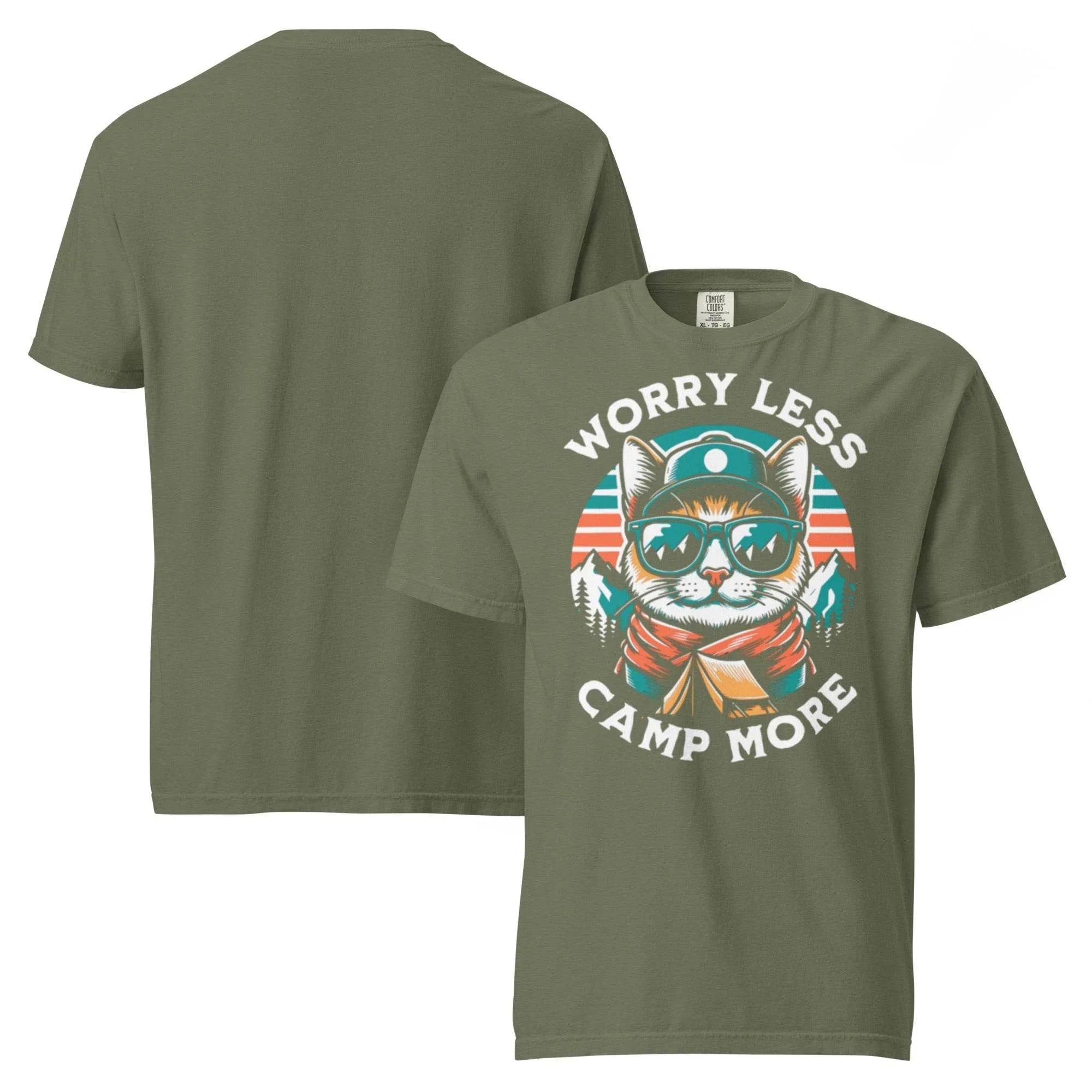 Moss heavyweight outdoor graphic tee with ‘Worry Less, Camp More’ slogan – rugged garment-dyed adventure style. - Annaise Store
