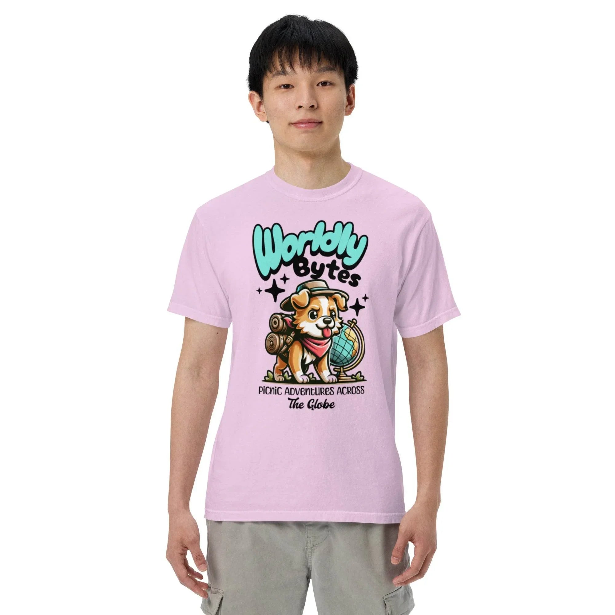 Orchid vintage-wash heavyweight t-shirt with ‘Worldly Bytes’ globe explorer graphic – bold garment-dyed style for adventurers. - Annaise Store