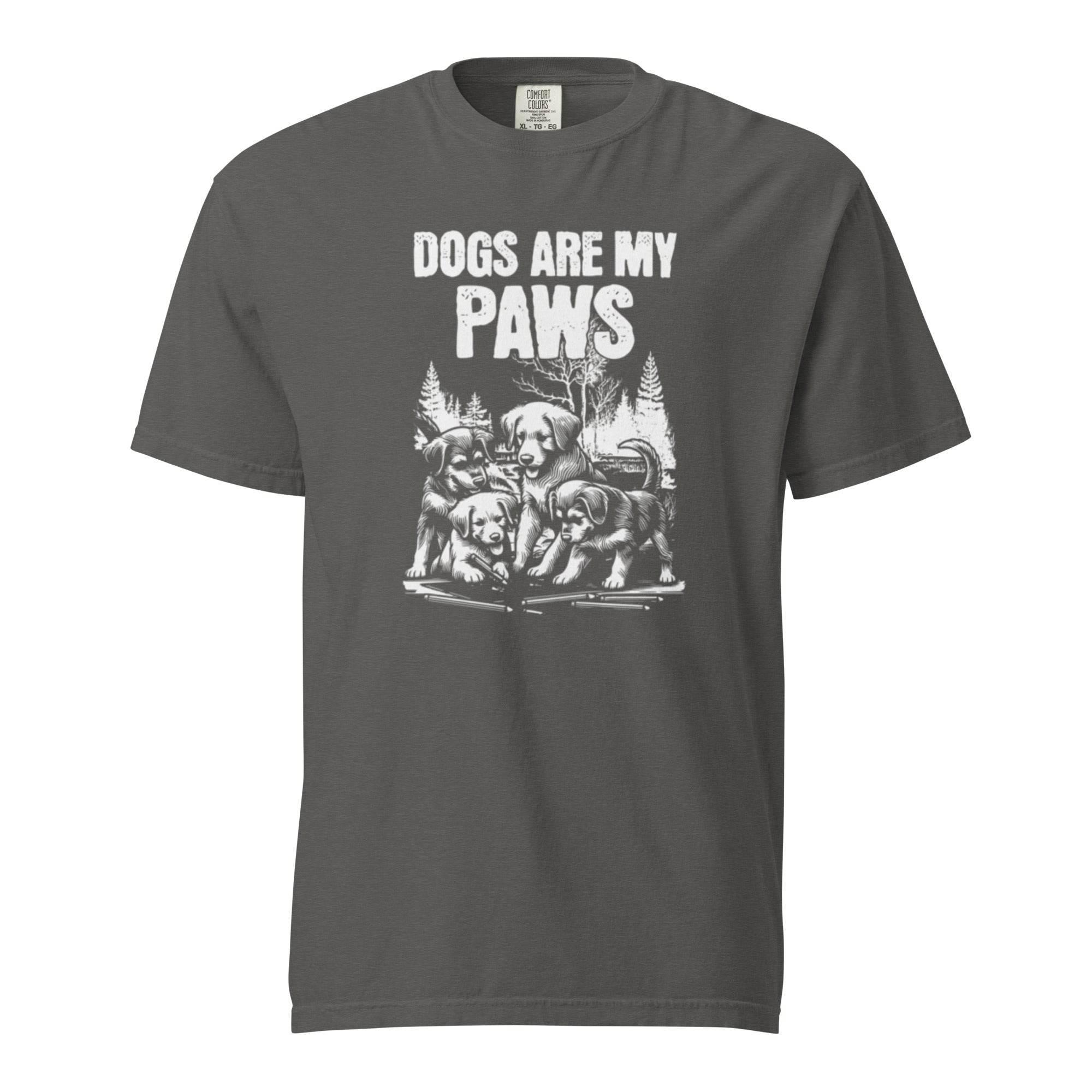 Pepper heavyweight graphic tee with ‘Dogs Are My Paws’ slogan – durable garment-dyed style for dog lovers and outdoor explorers. - Annaise Store