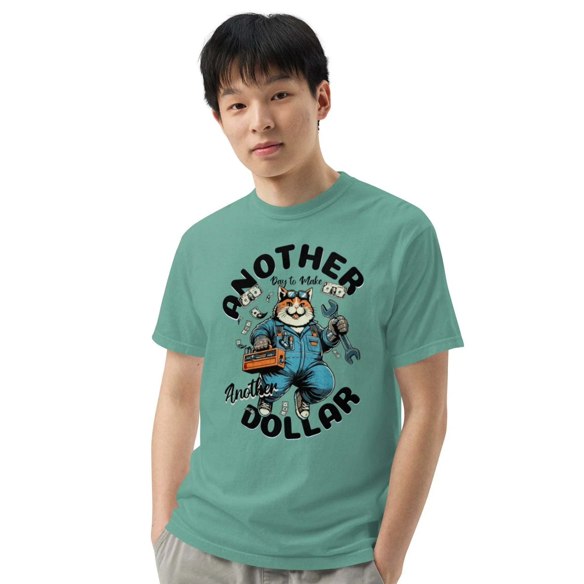 Seafoam garment-dyed heavyweight t-shirt with retro cartoon workwear design – vintage-inspired bold graphic, titled Another Dollar. - Annaise Store