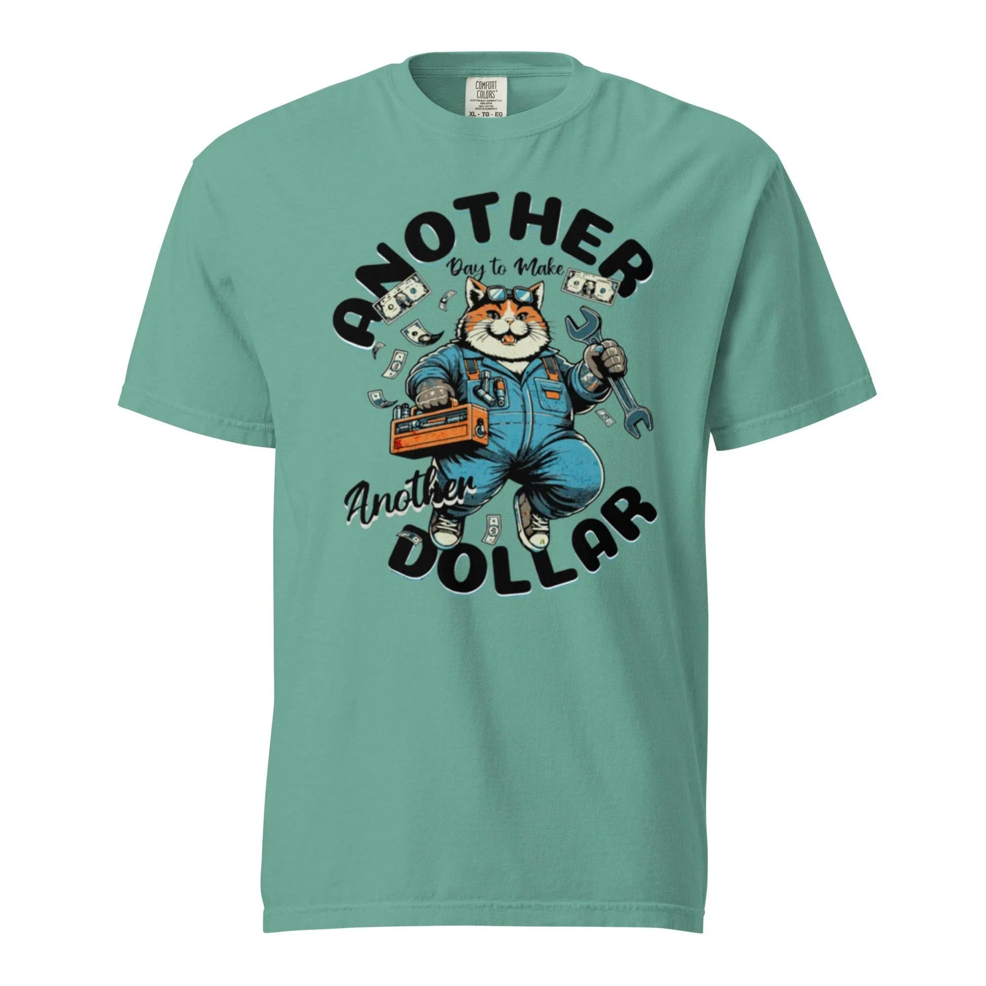 Seafoam garment-dyed heavyweight t-shirt with retro cartoon workwear design – vintage-inspired bold graphic, titled Another Dollar. - Annaise Store