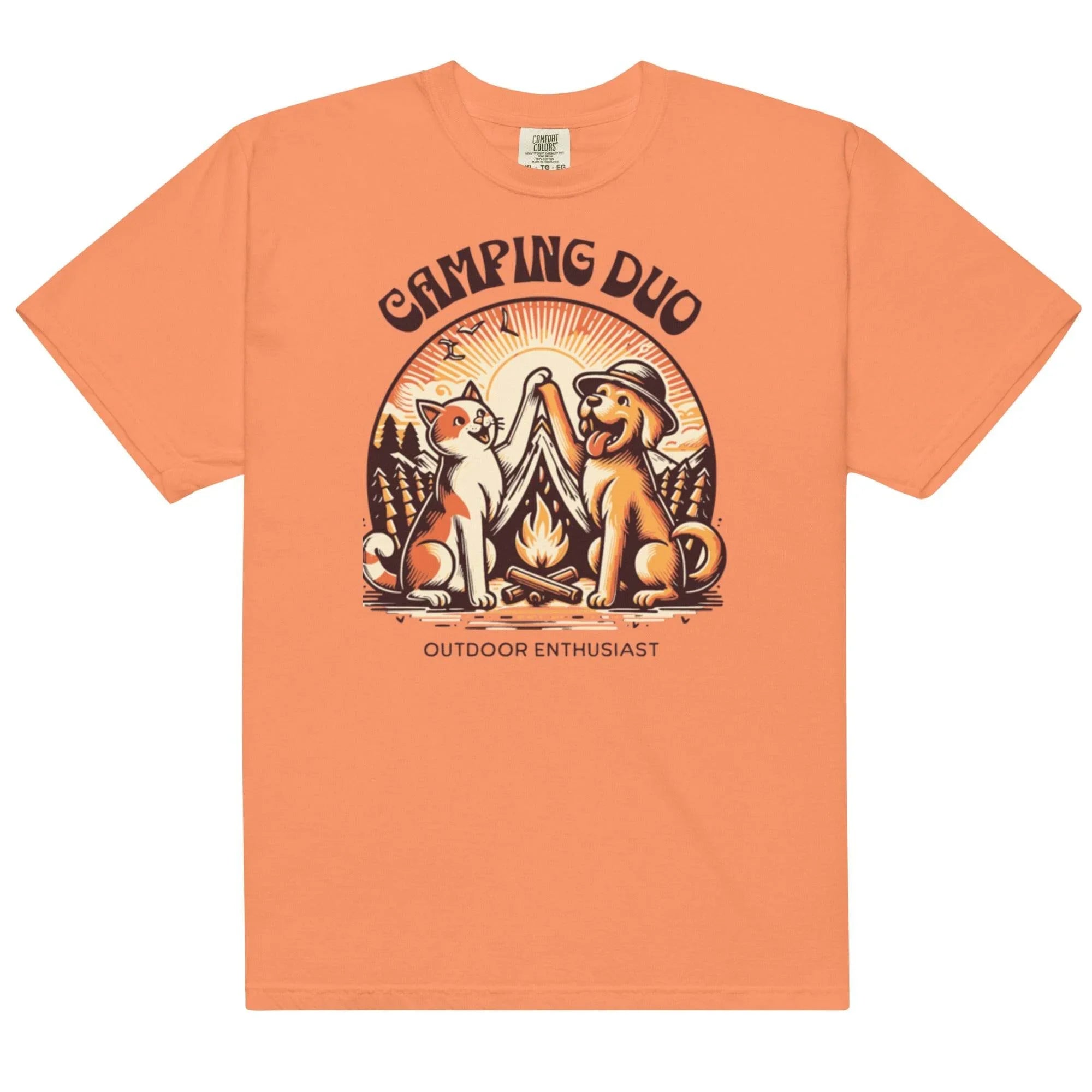 Terracotta garment-dyed heavyweight tee featuring camping duo illustration – rugged outdoors graphic shirt for adventure lovers. - Annaise Store
