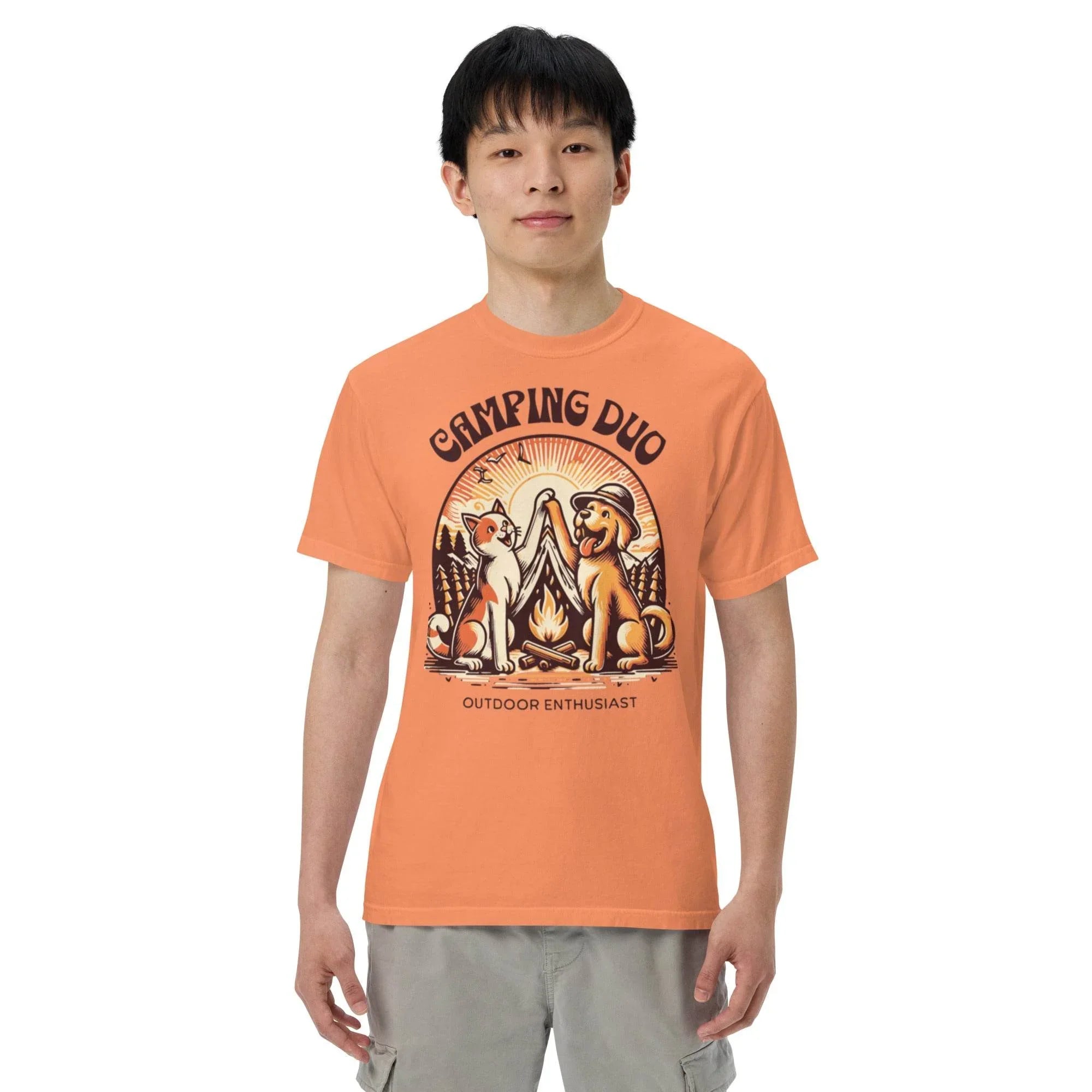 Terracotta garment-dyed heavyweight tee featuring camping duo illustration – rugged outdoors graphic shirt for adventure lovers. - Annaise Store