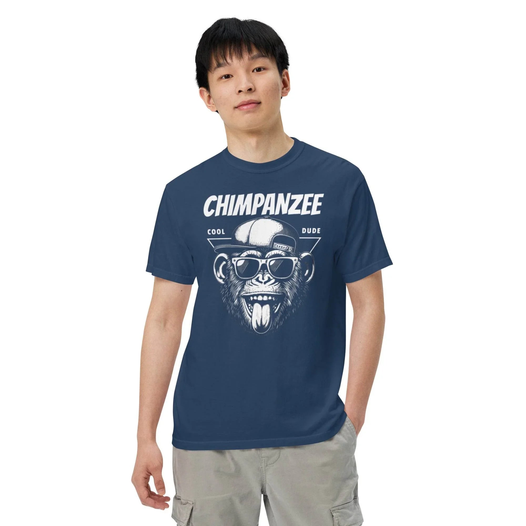 True navy heavyweight t-shirt with bold chimpanzee illustration – urban streetwear graphic garment-dyed style - Annaise Store