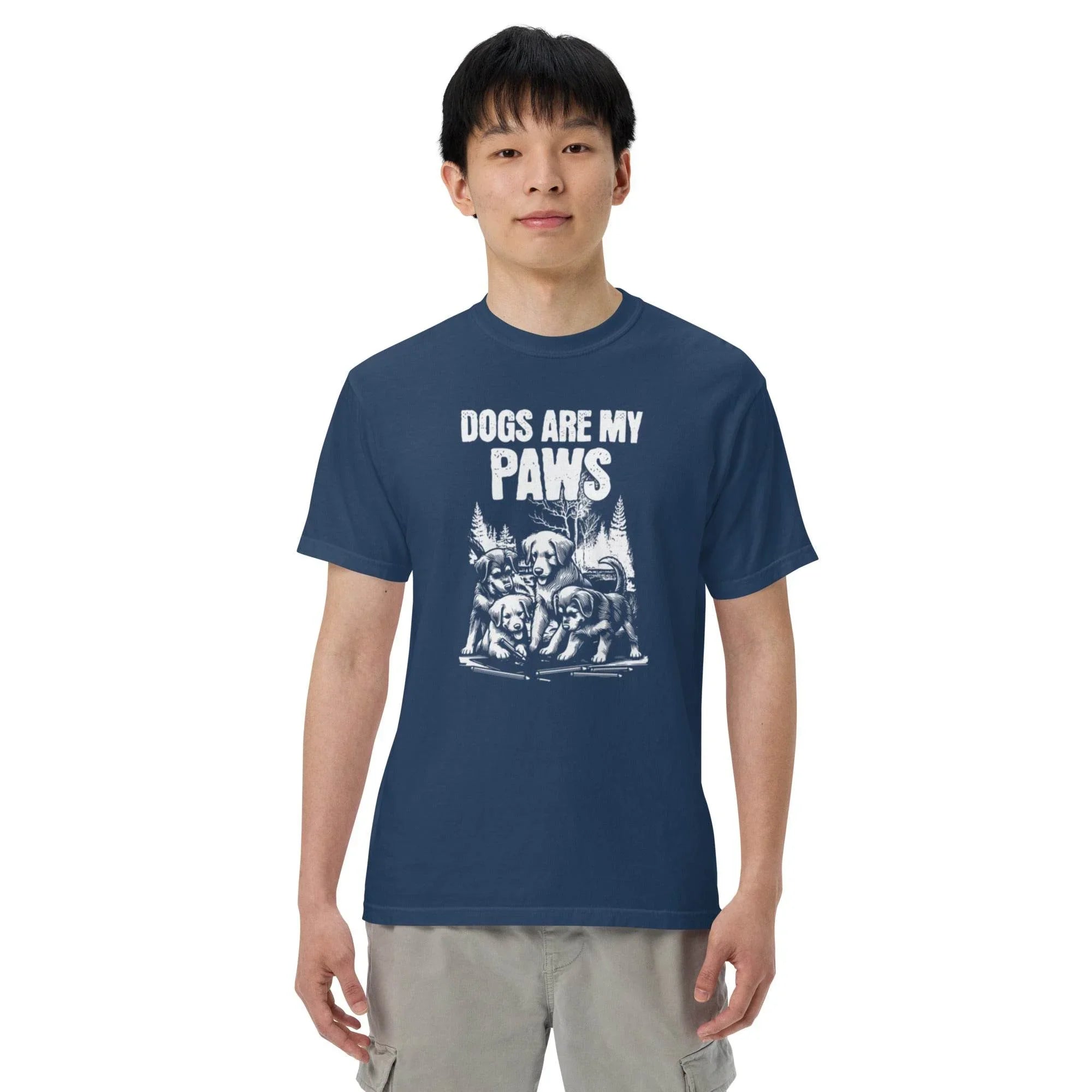 True-navy heavyweight graphic tee with ‘Dogs Are My Paws’ slogan – durable garment-dyed style for dog lovers and outdoor explorers. - Annaise Store