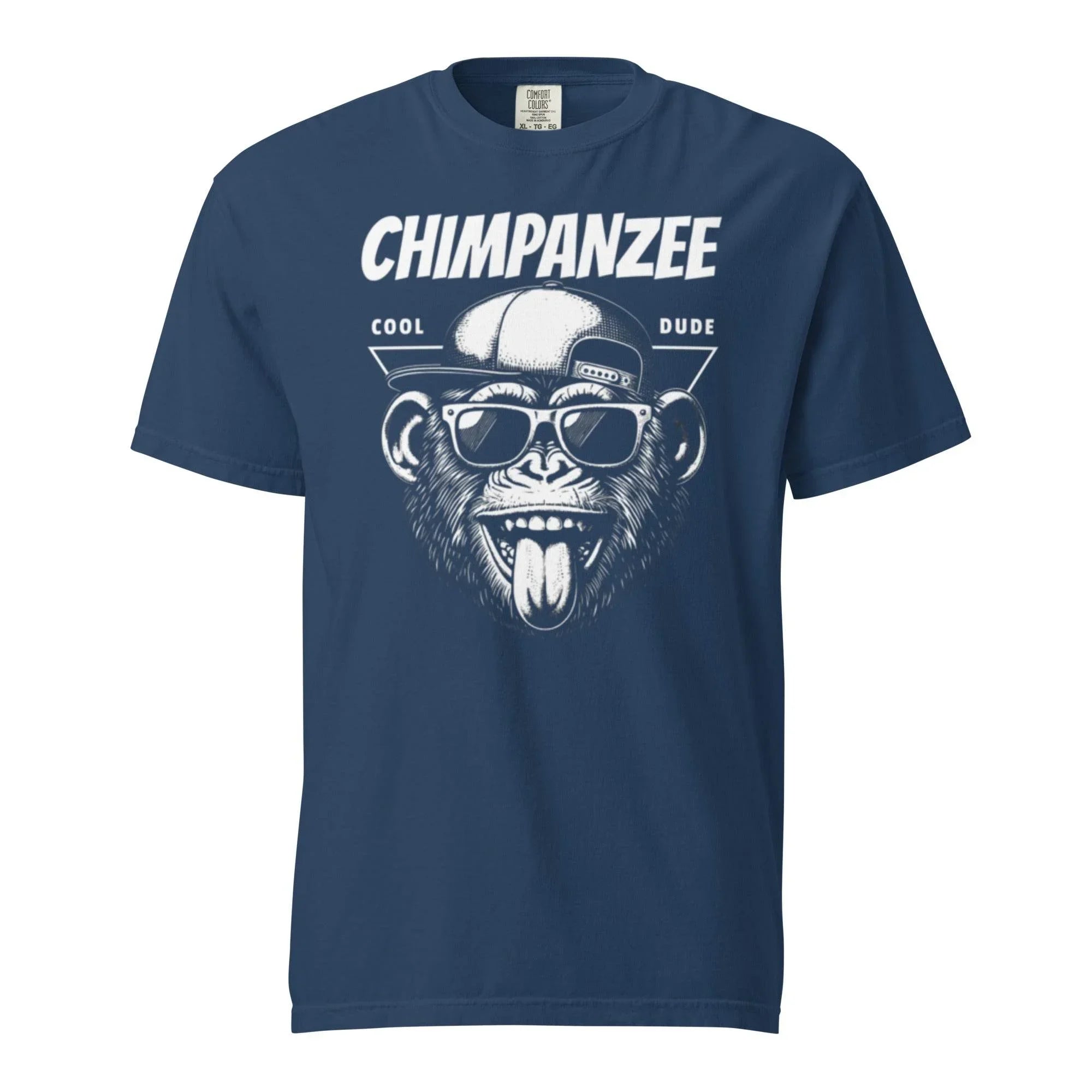 True navy heavyweight t-shirt with bold chimpanzee illustration – urban streetwear graphic garment-dyed style - Annaise Store