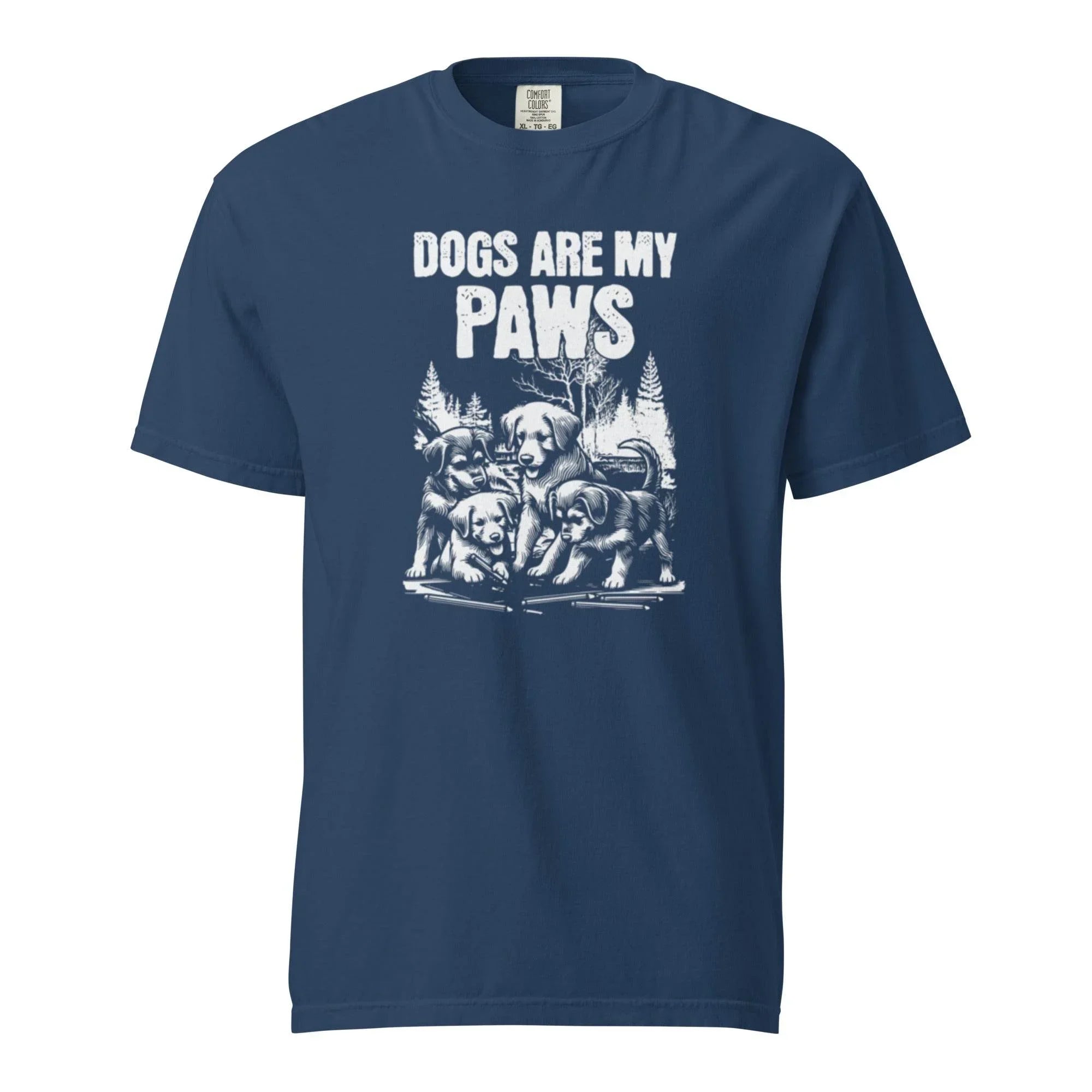 True-navy heavyweight graphic tee with ‘Dogs Are My Paws’ slogan – durable garment-dyed style for dog lovers and outdoor explorers. - Annaise Store
