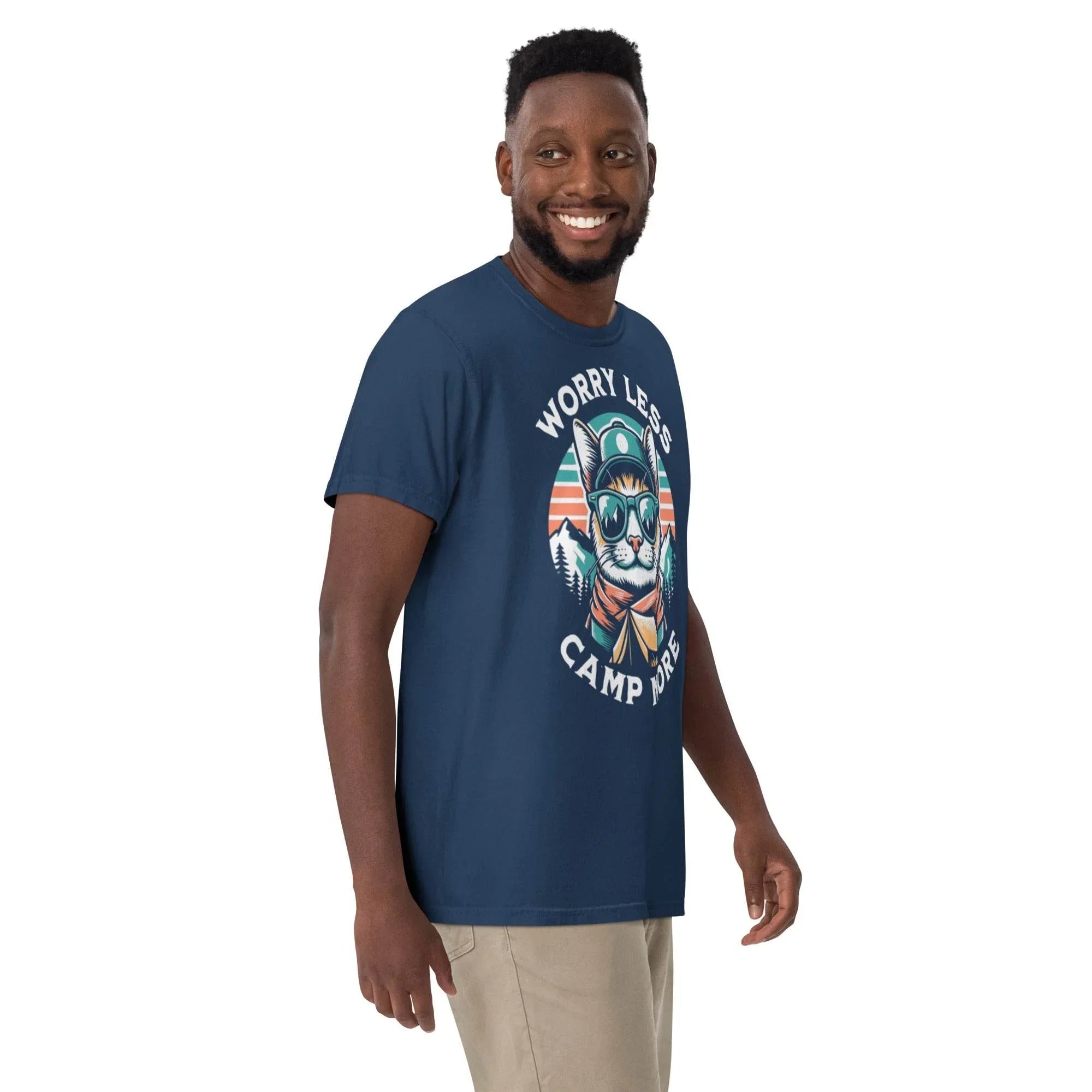 True-navy heavyweight outdoor graphic tee with ‘Worry Less, Camp More’ slogan – rugged garment-dyed adventure style. - Annaise Store