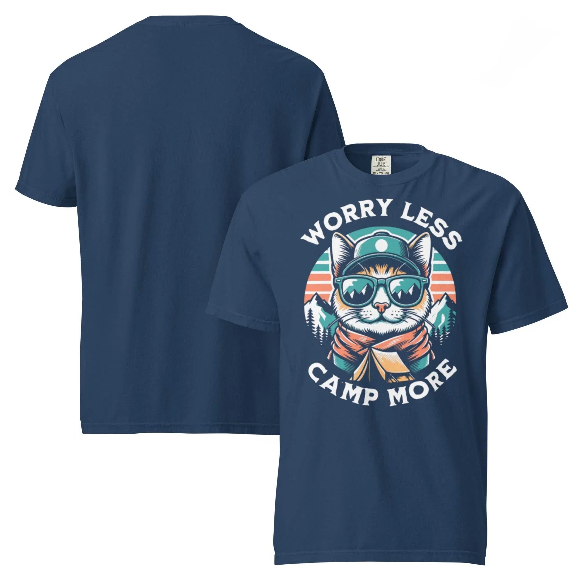 True-navy heavyweight outdoor graphic tee with ‘Worry Less, Camp More’ slogan – rugged garment-dyed adventure style. - Annaise Store
