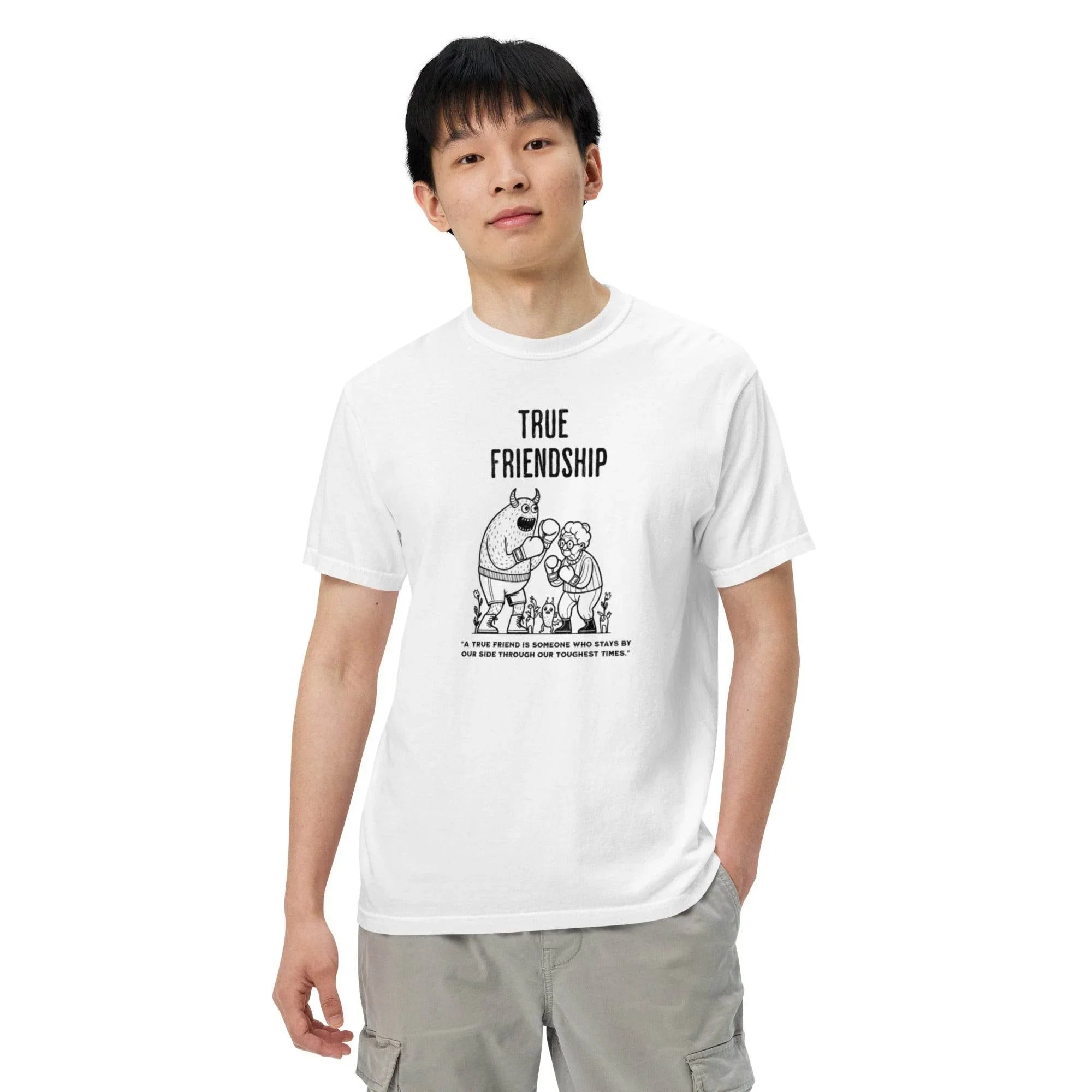 White heavyweight garment-dyed t-shirt with timeless ‘True Friendship’ slogan – comfort and bond-inspired graphic style. - Annaise Store
