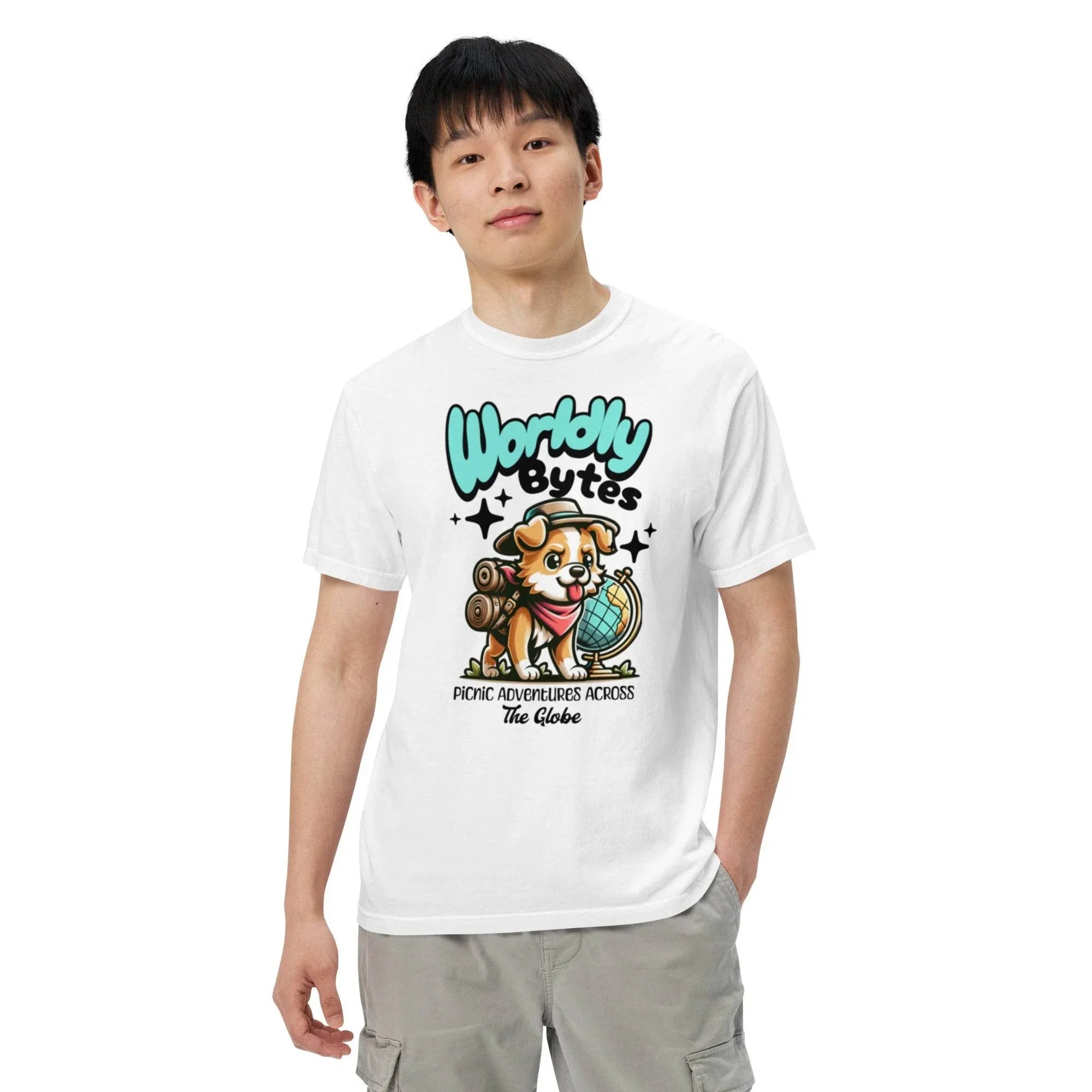 White vintage-wash heavyweight t-shirt with ‘Worldly Bytes’ globe explorer graphic – bold garment-dyed style for adventurers. - Annaise Store