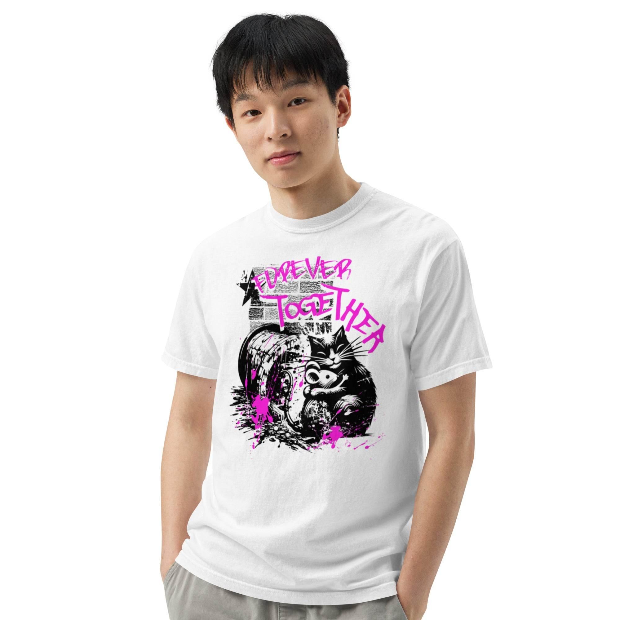 White heavyweight retro graphic tee with colorful ‘Forever Together’ design – comfortable garment-dyed streetwear. - Annaise Store