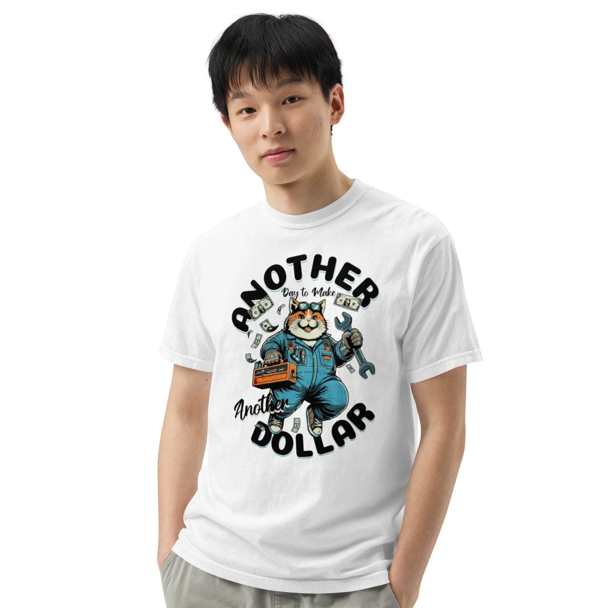 White garment-dyed heavyweight t-shirt with retro cartoon workwear design – vintage-inspired bold graphic, titled Another Dollar. - Annaise Store
