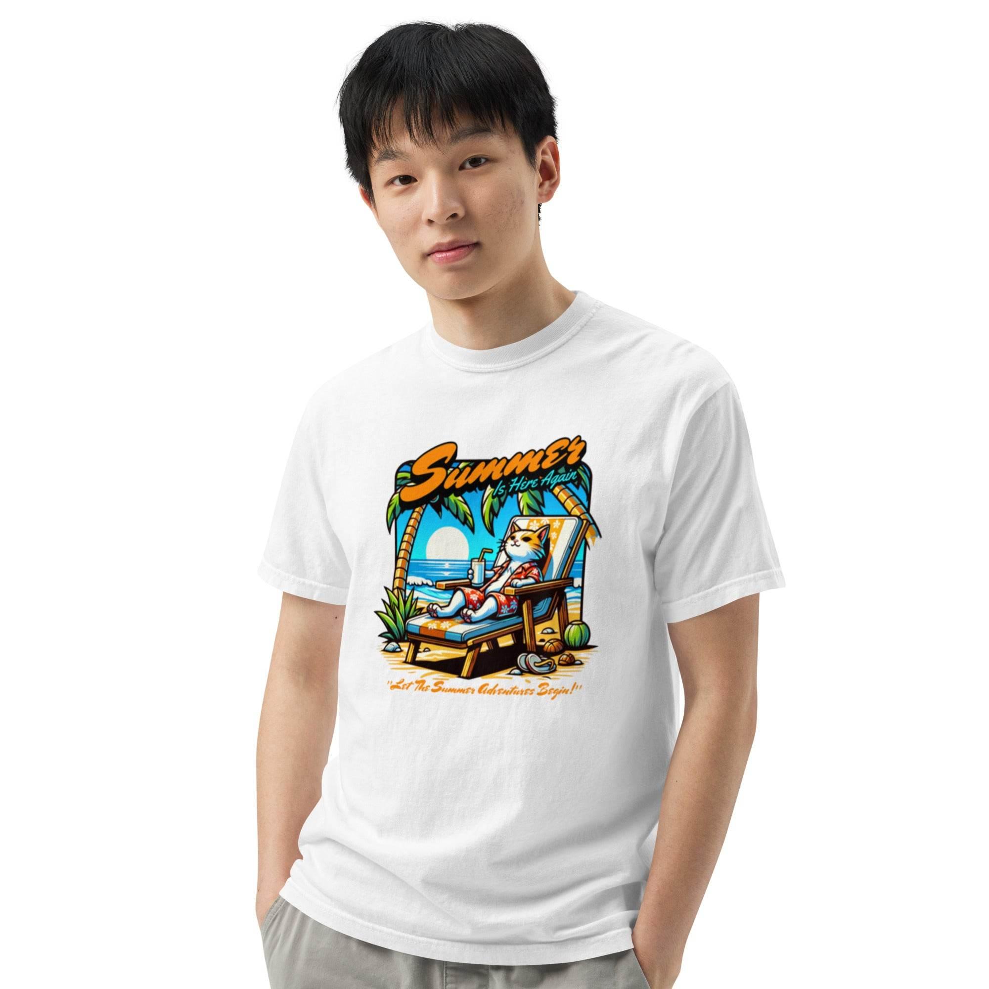 White garment-dyed heavyweight t-shirt with colorful ocean escape graphic – beach-inspired casual summer style. - Annaise Store