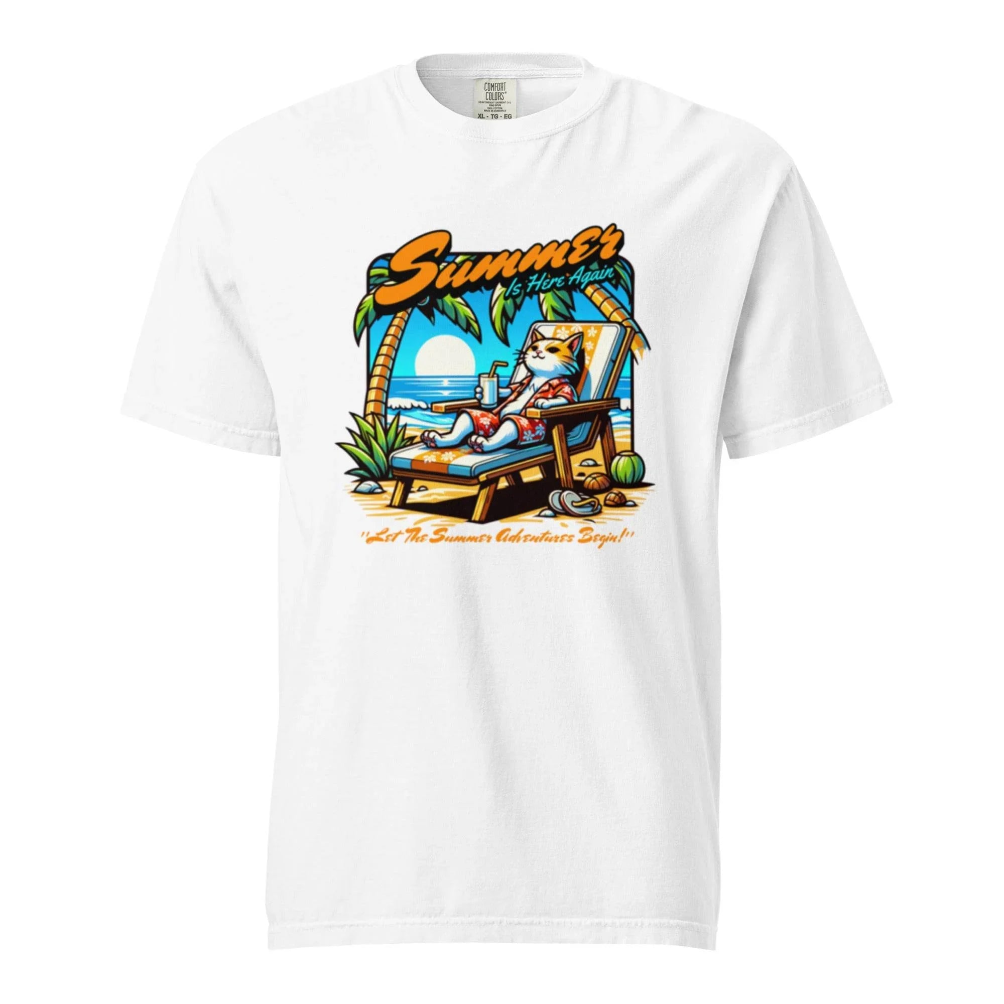 White garment-dyed heavyweight t-shirt with colorful ocean escape graphic – beach-inspired casual summer style. - Annaise Store