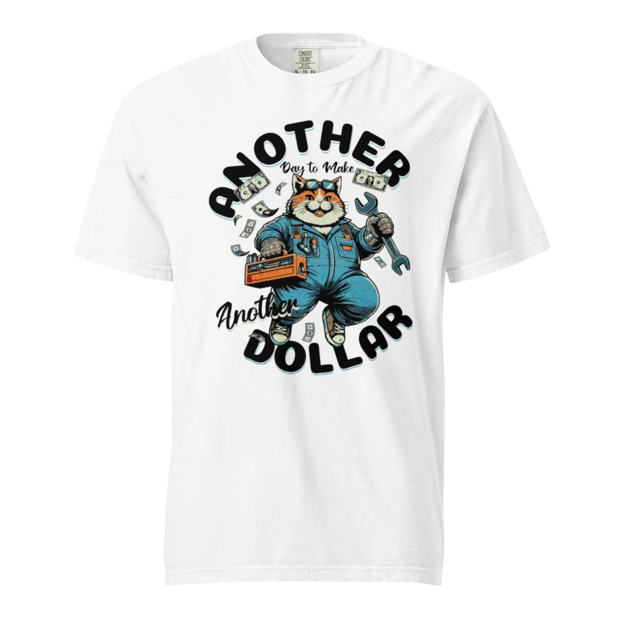 White garment-dyed heavyweight t-shirt with retro cartoon workwear design – vintage-inspired bold graphic, titled Another Dollar. - Annaise Store