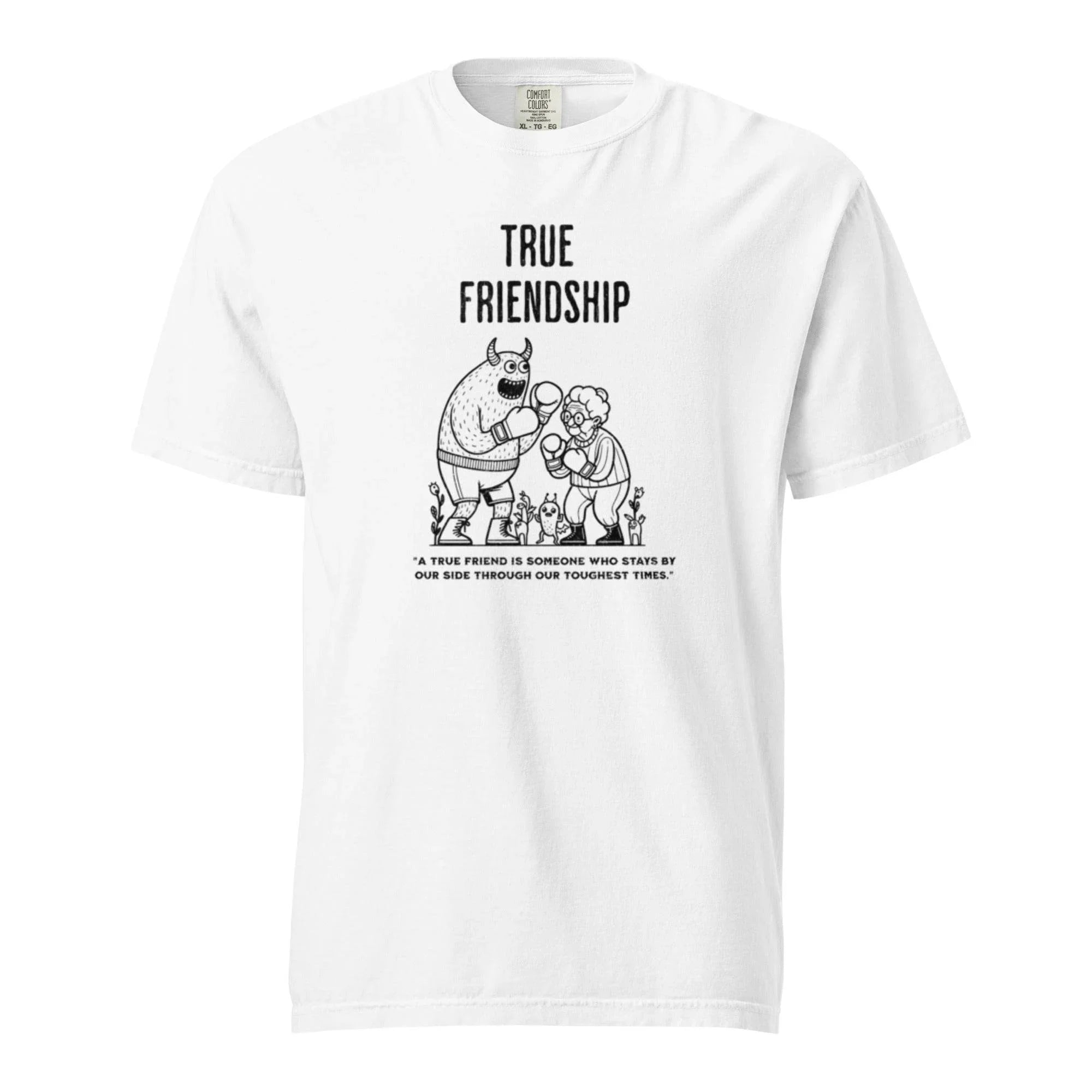 White heavyweight garment-dyed t-shirt with timeless ‘True Friendship’ slogan – comfort and bond-inspired graphic style. - Annaise Store