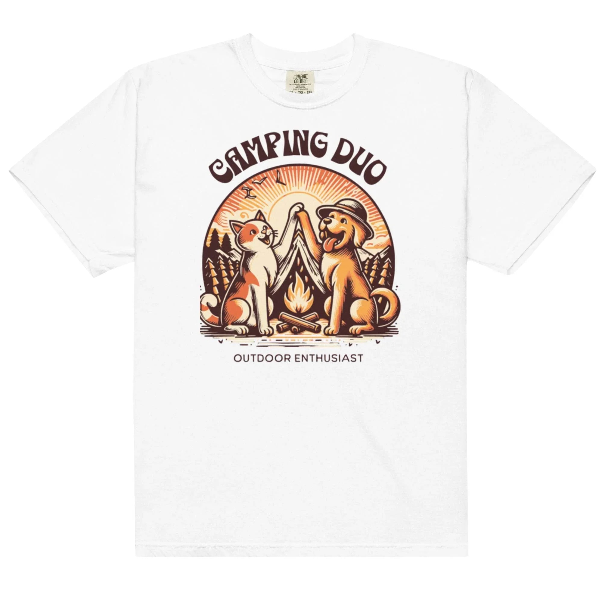 White garment-dyed heavyweight tee featuring camping duo illustration – rugged outdoors graphic shirt for adventure lovers. - Annaise Store