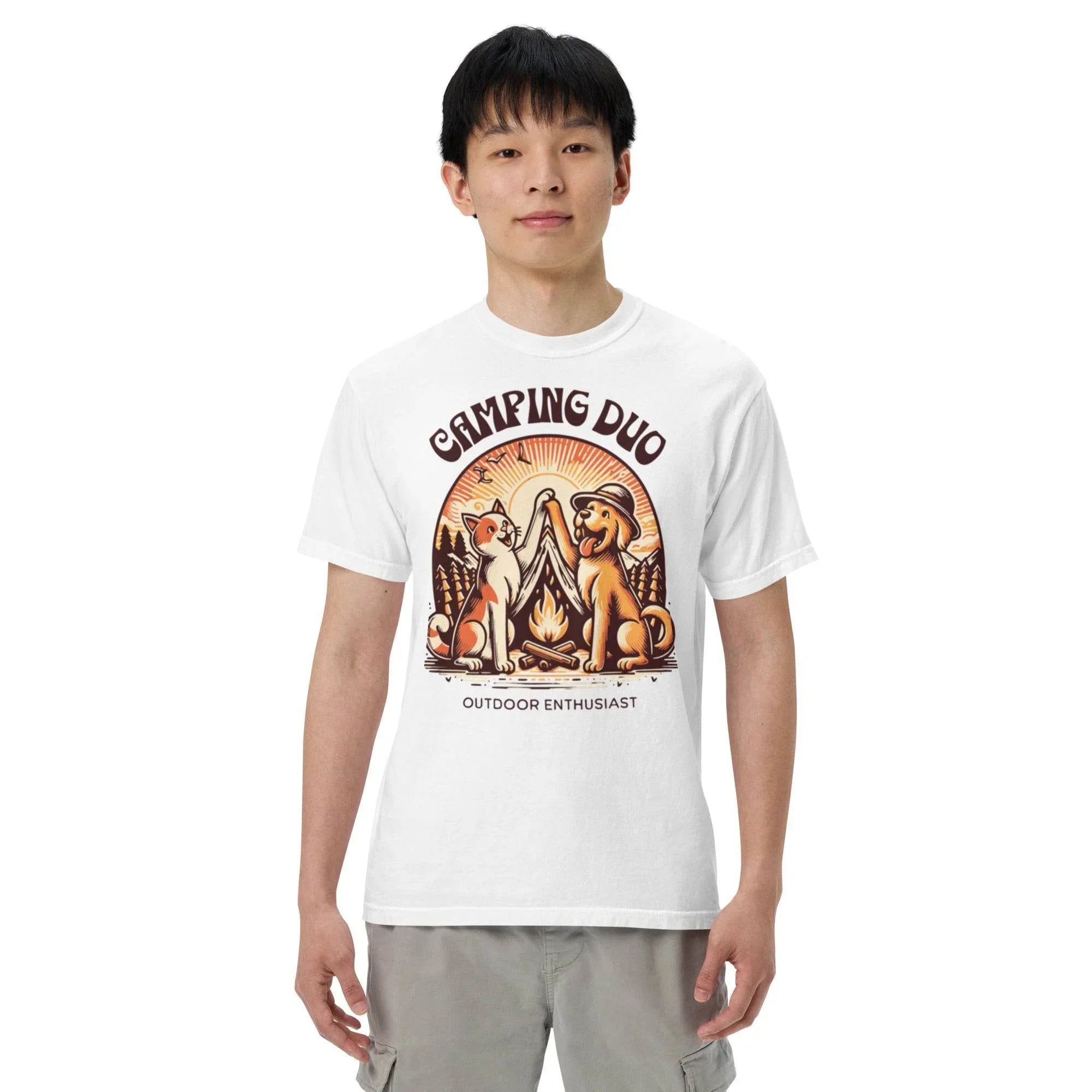 White garment-dyed heavyweight tee featuring camping duo illustration – rugged outdoors graphic shirt for adventure lovers. - Annaise Store