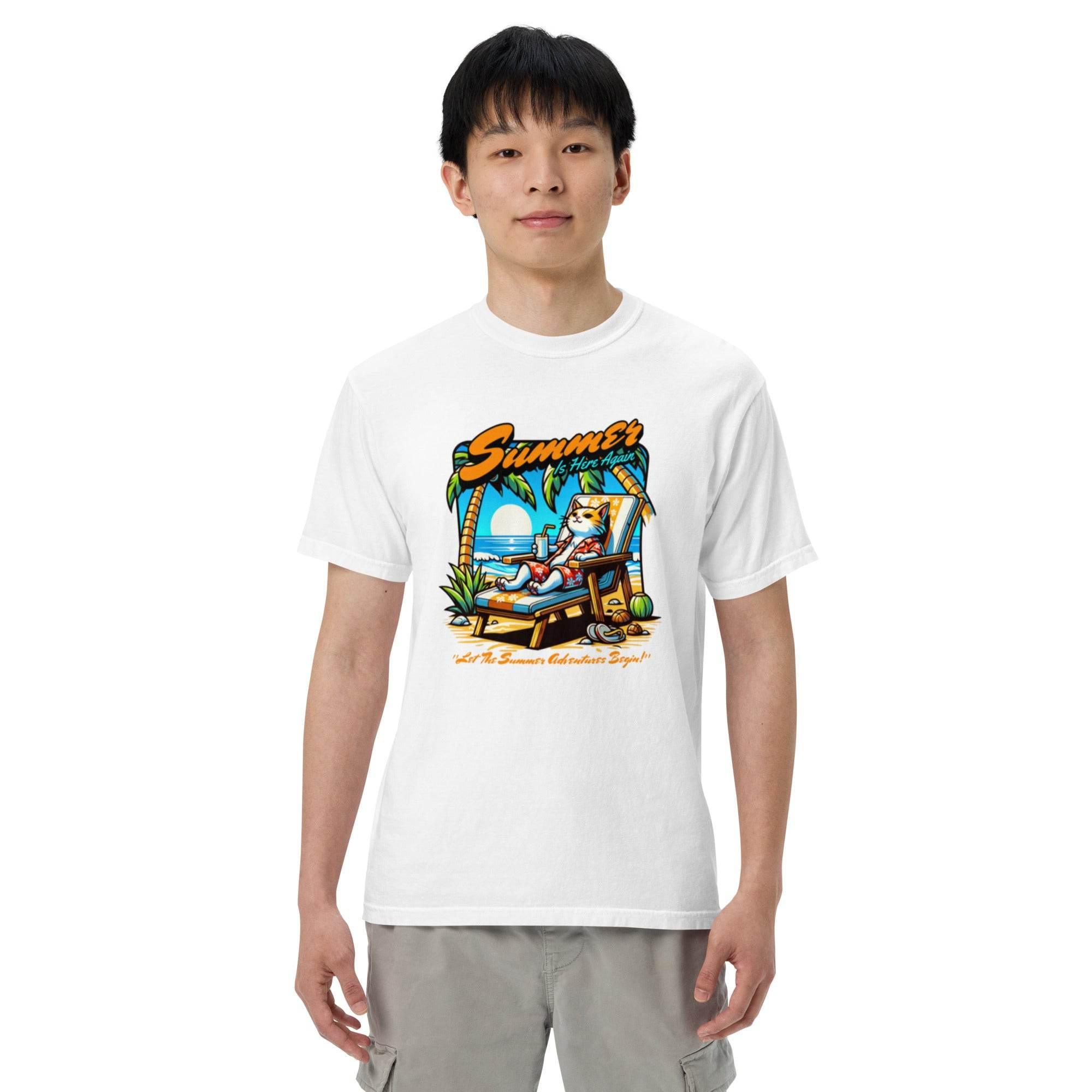 White garment-dyed heavyweight t-shirt with colorful ocean escape graphic – beach-inspired casual summer style. - Annaise Store