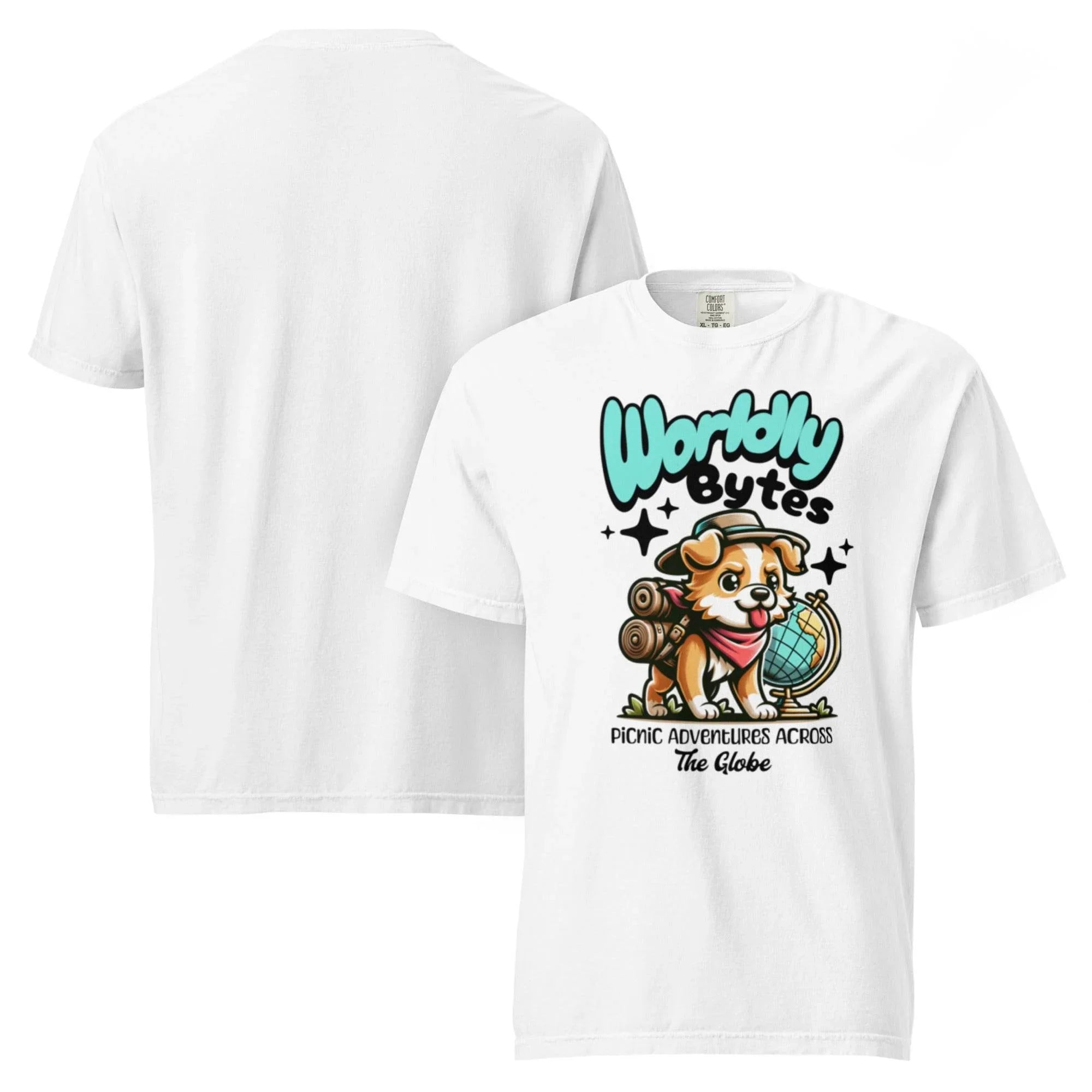 White vintage-wash heavyweight t-shirt with ‘Worldly Bytes’ globe explorer graphic – bold garment-dyed style for adventurers. - Annaise Store