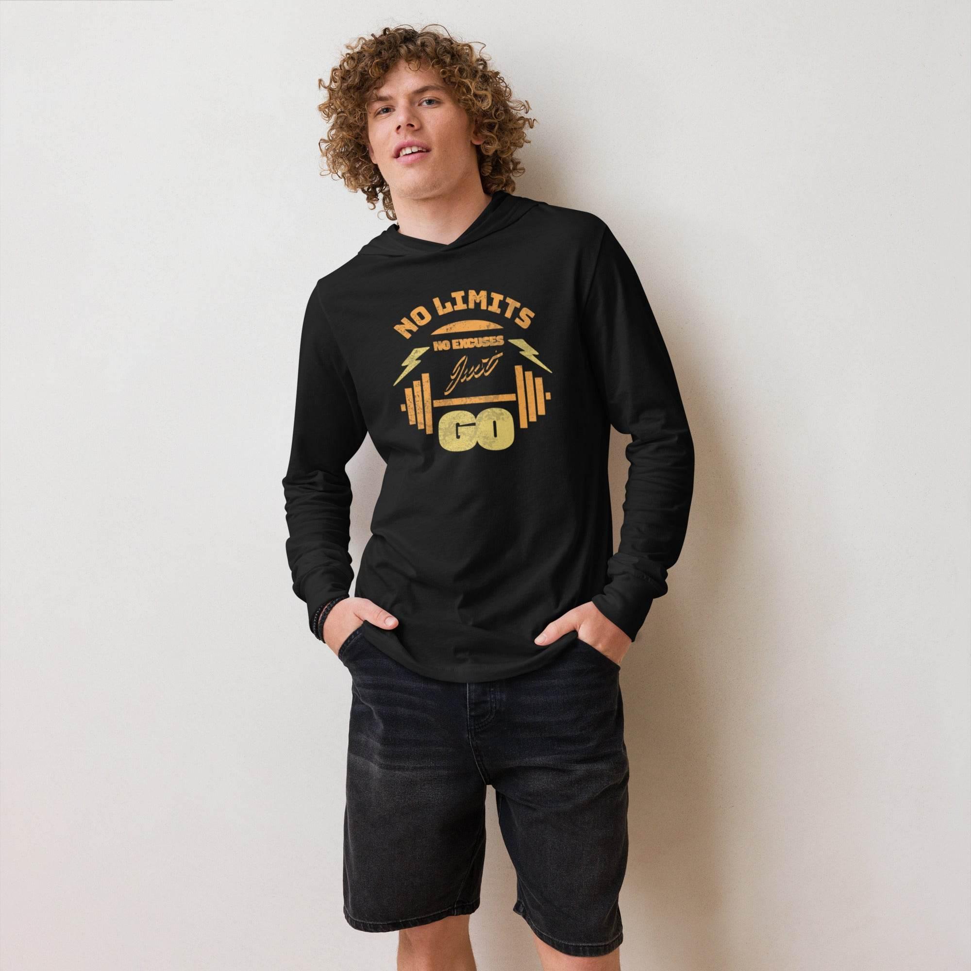 Black hooded long sleeve with No Limits training graphic – motivational fitness hoodie tee for bold style and all-day comfort. - Annaise Store