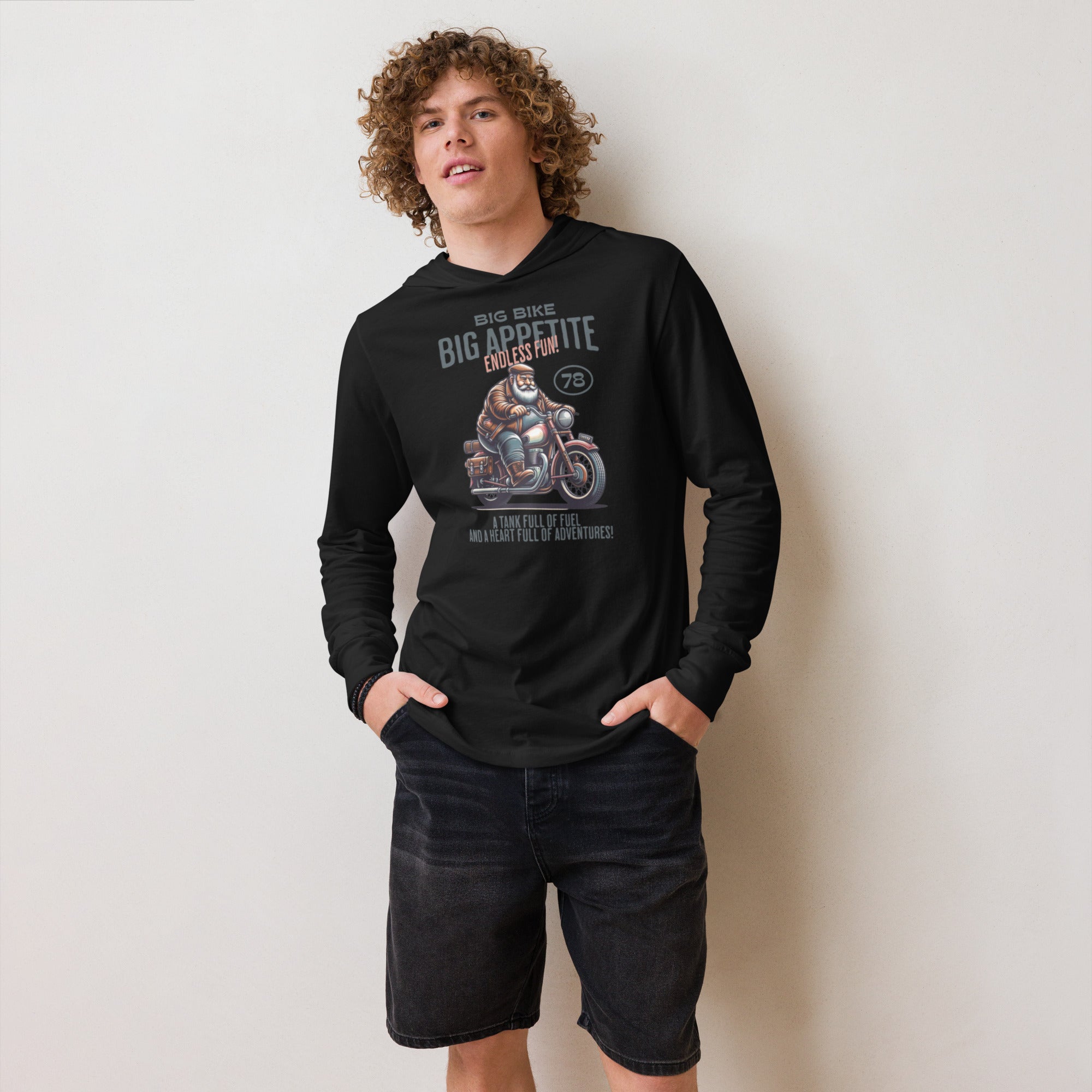 Black hooded long sleeve with bold motocross bike graphic – adventure-ready premium hoodie tee for riders and thrill-seekers. - Annaise Store