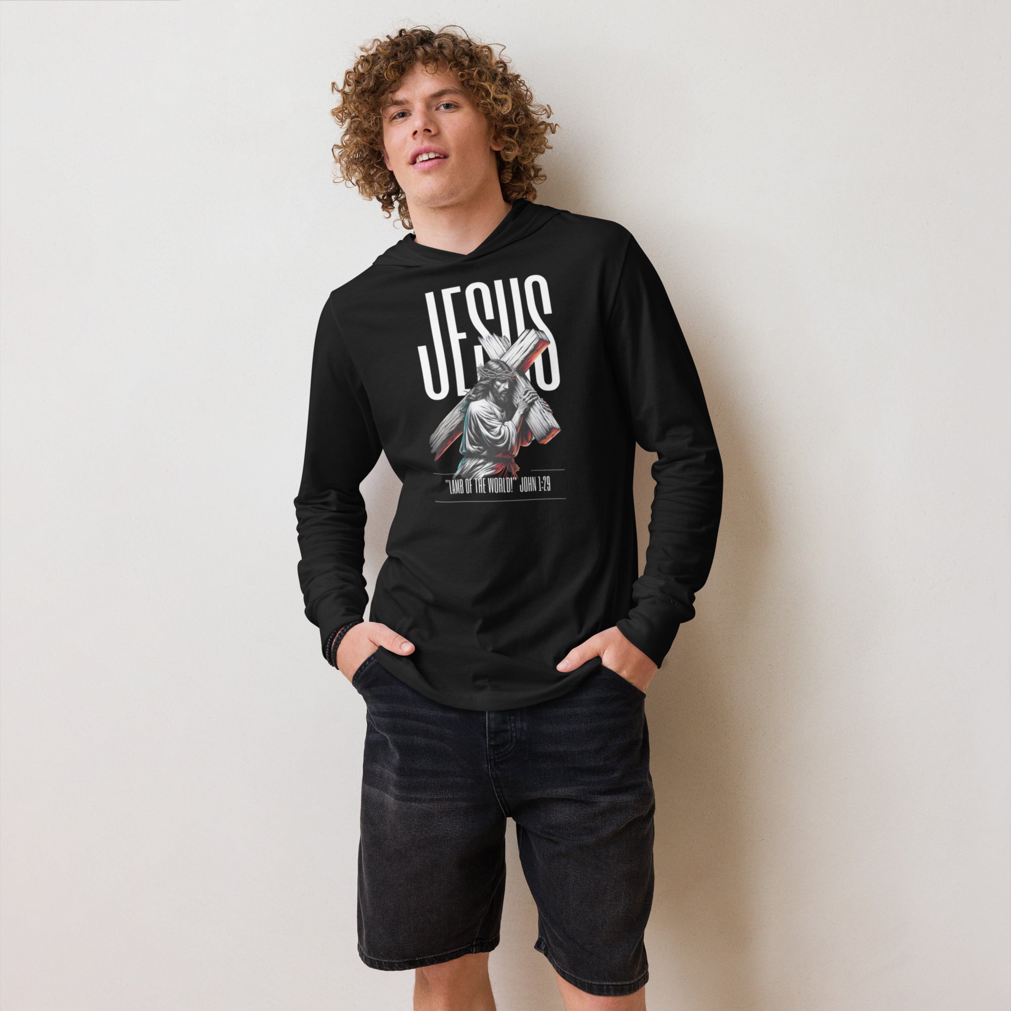 Black hooded long sleeve with bold Jesus Walk With Faith graphic – Christian-inspired premium hoodie tee blending faith, comfort, and streetwear style.  - Annaise Store