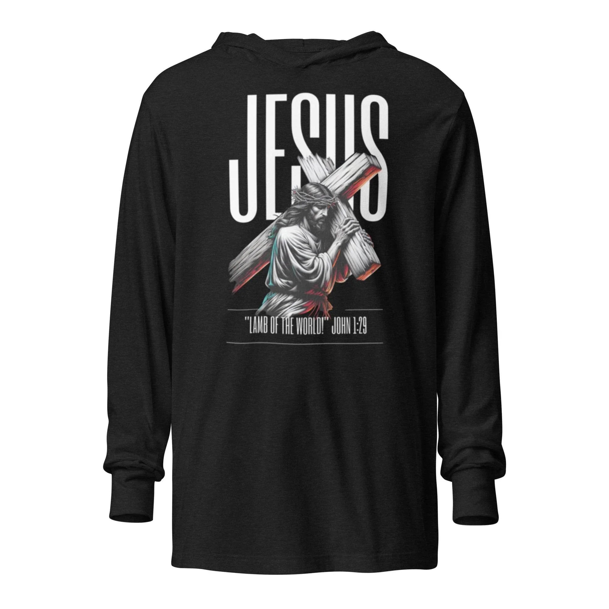 Charcoal-black-triblend hooded long sleeve with bold Jesus Walk With Faith graphic – Christian-inspired premium hoodie tee blending faith, comfort, and streetwear style. - Annaise Store