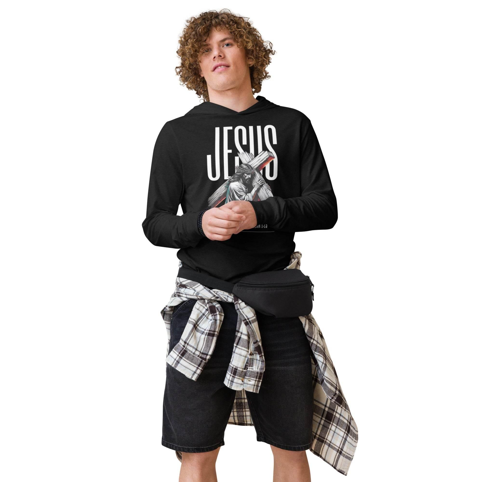 Black hooded long sleeve with bold Jesus Walk With Faith graphic – Christian-inspired premium hoodie tee blending faith, comfort, and streetwear style. - Annaise Store