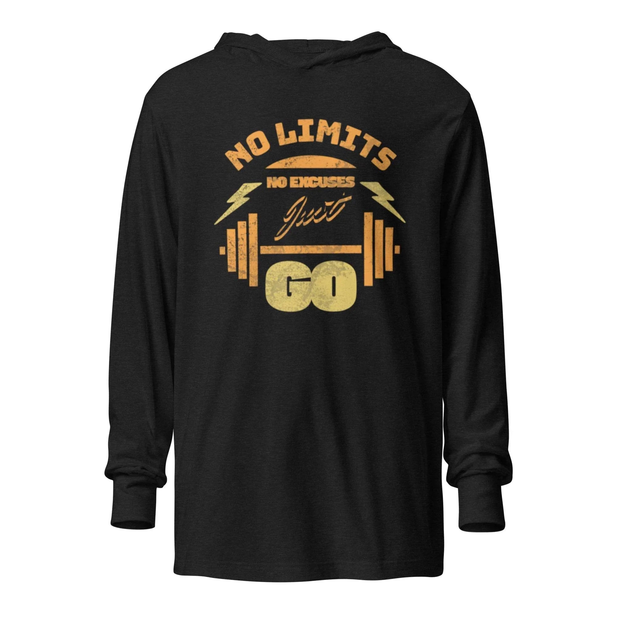 Charcoal-black-triblend hooded long sleeve with No Limits training graphic – motivational fitness hoodie tee for bold style and all-day comfort.- Annaise Store