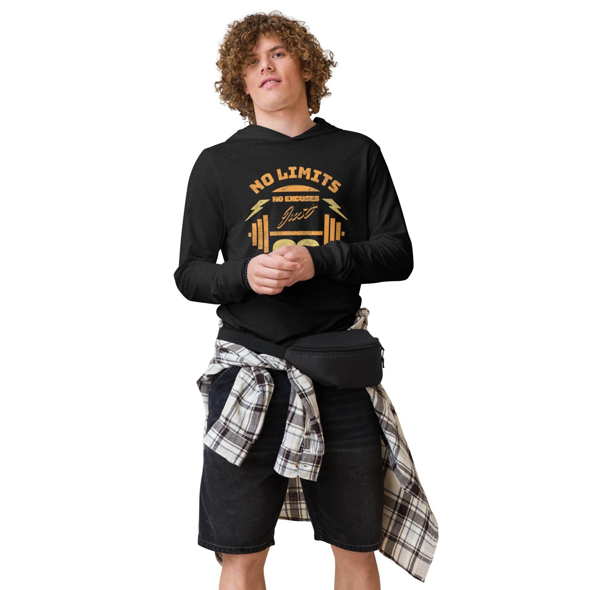 Charcoal-black-triblend hooded long sleeve with No Limits training graphic – motivational fitness hoodie tee for bold style and all-day comfort. - Annaise Store