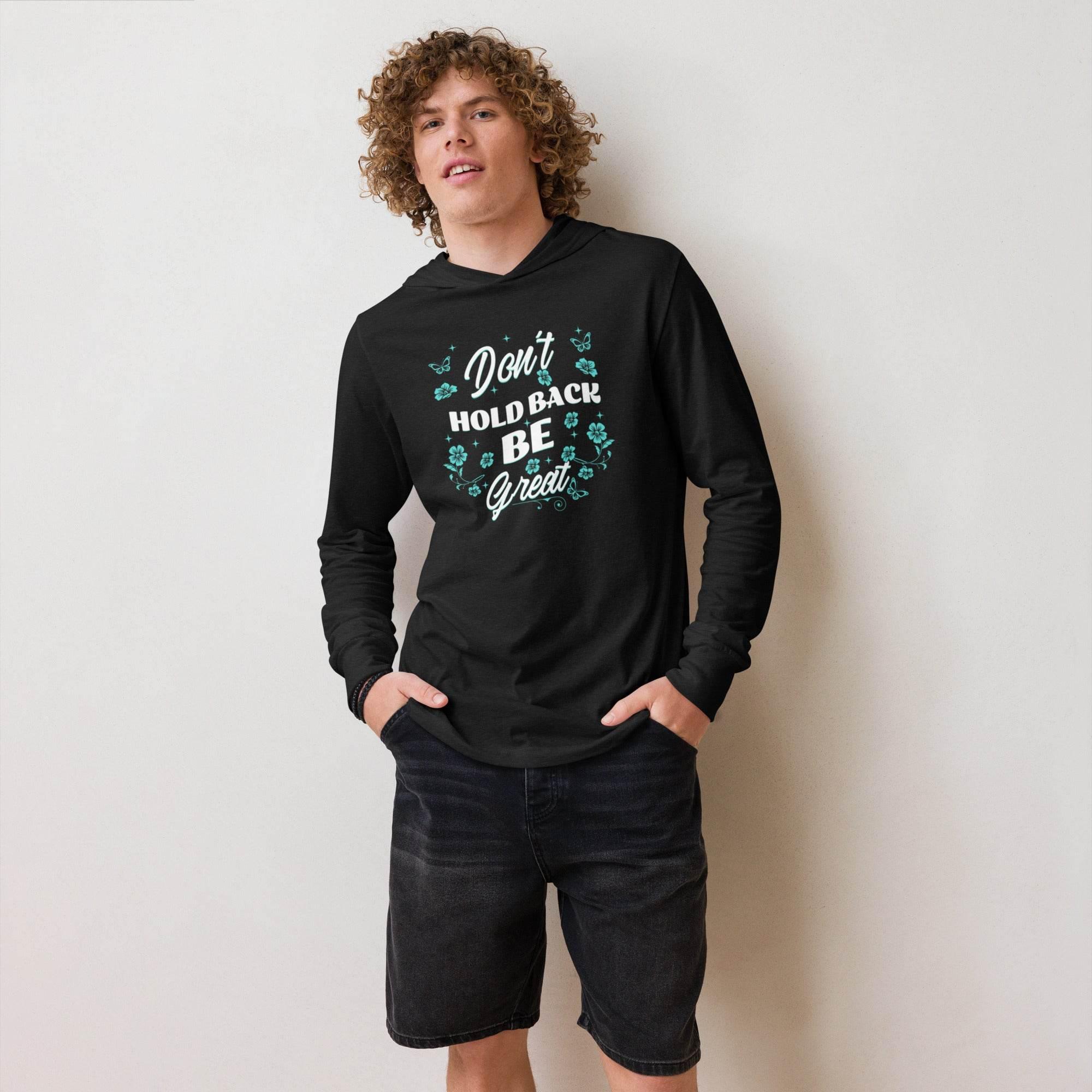 Charcoal-black-triblend hooded long sleeve with motivational Don’t Hold Back graphic – premium training hoodie tee for confidence, resilience, and streetwear style.  - Annaise Store