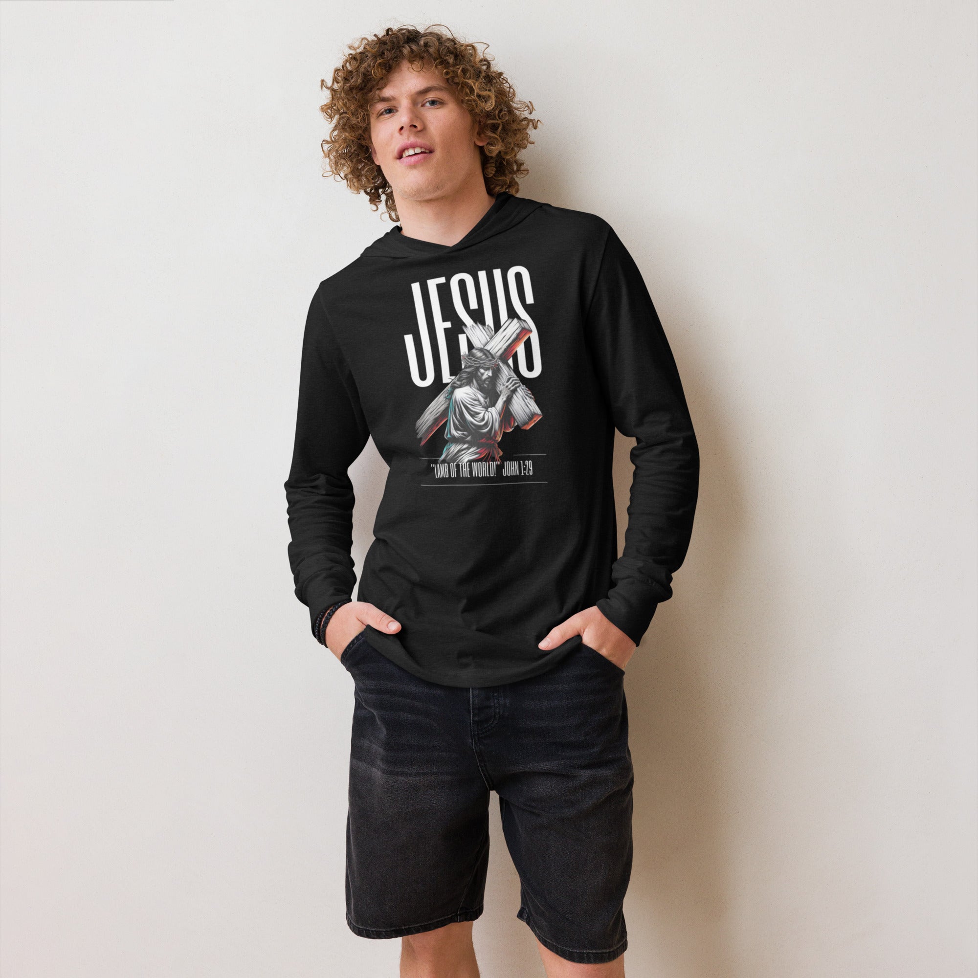 Charcoal-black-triblend hooded long sleeve with bold Jesus Walk With Faith graphic – Christian-inspired premium hoodie tee blending faith, comfort, and streetwear style. - Annaise Store