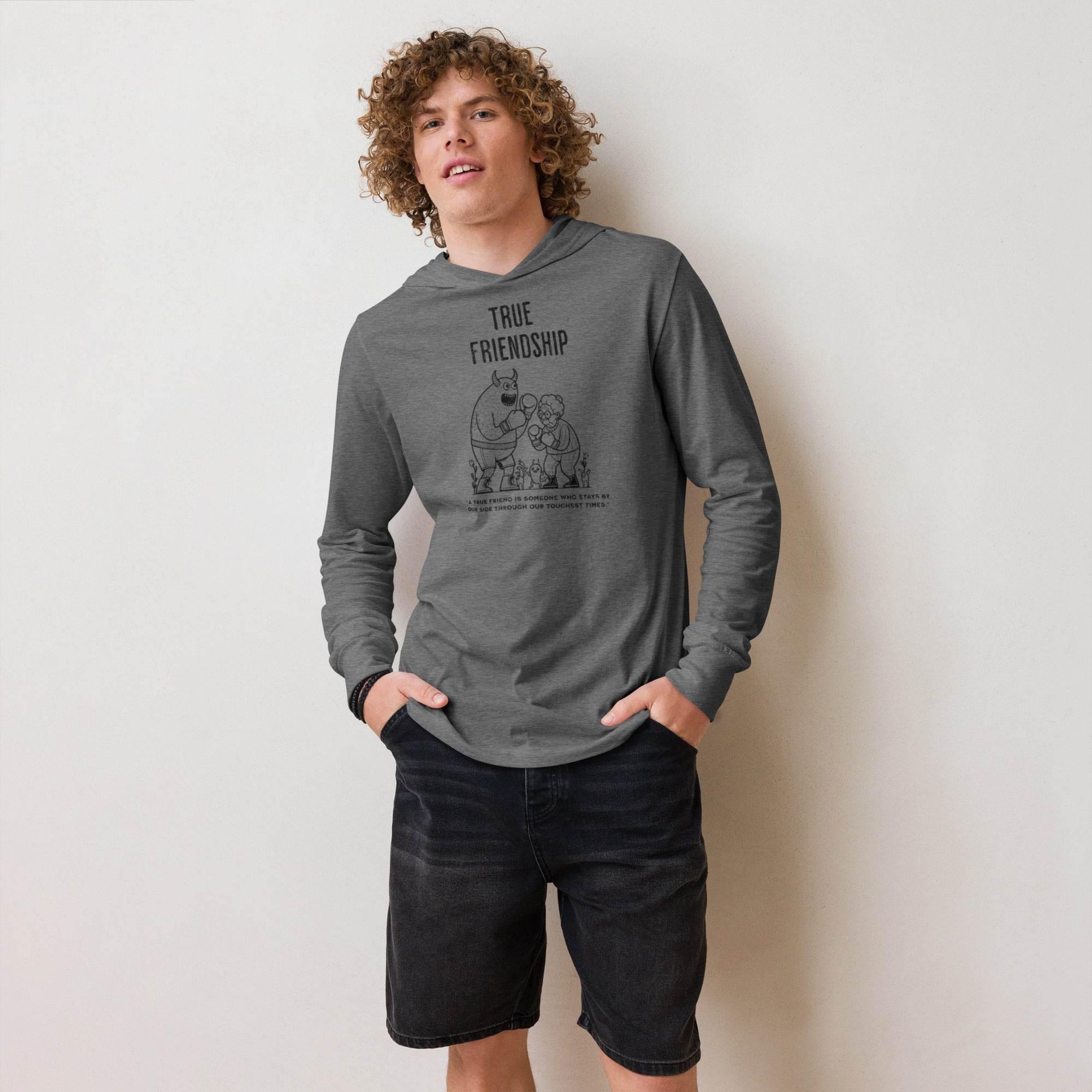 Grey-triblend hooded long sleeve with guardian friendship graphic – versatile hoodie tee symbolizing loyalty, trust, and modern style. - Annaise Store