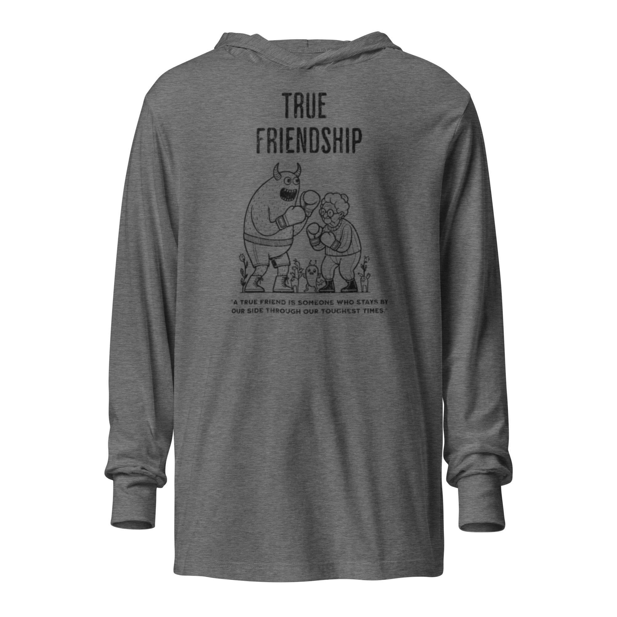Grey-triblend hooded long sleeve with guardian friendship graphic – versatile hoodie tee symbolizing loyalty, trust, and modern style. - Annaise Store