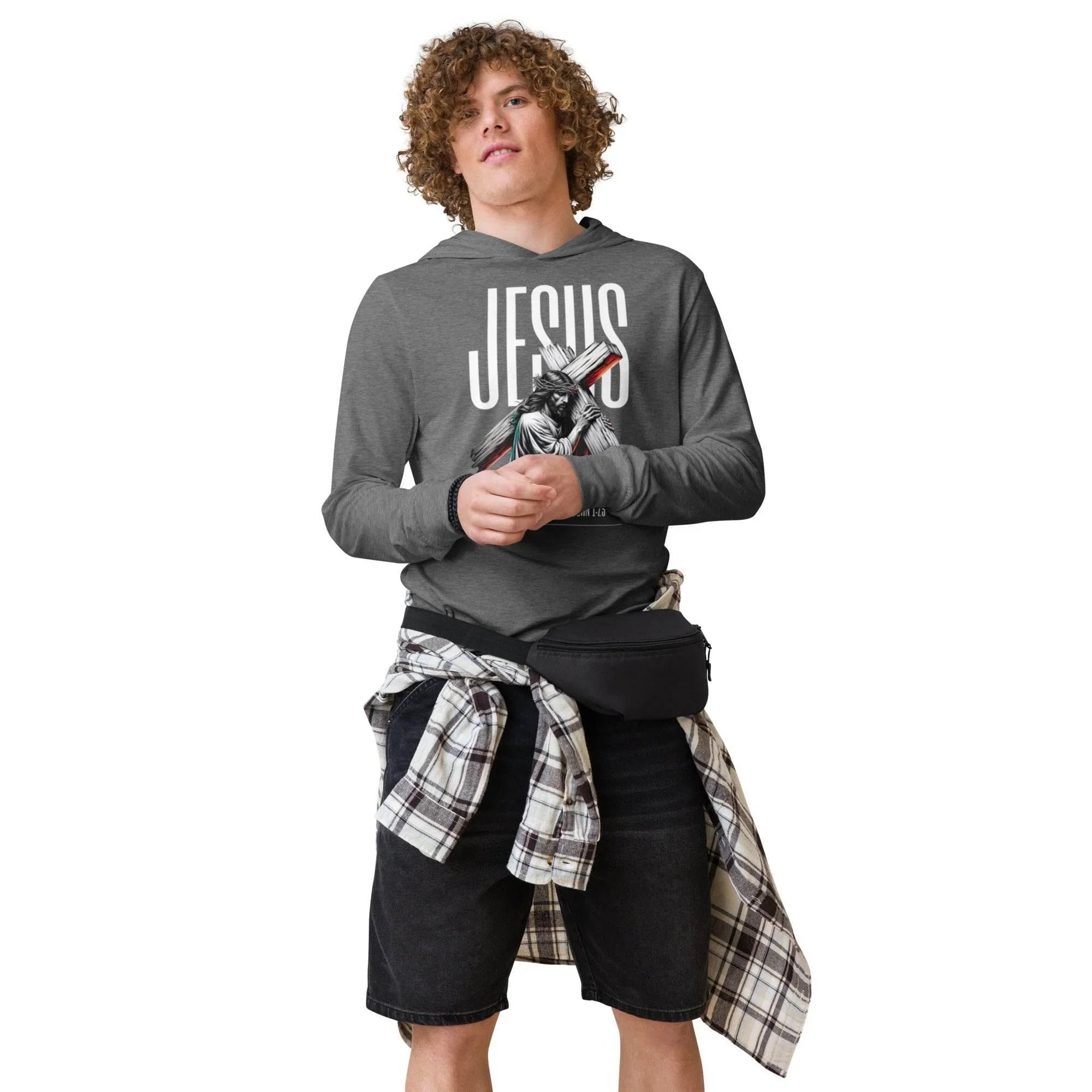 Grey-triblend hooded long sleeve with bold Jesus Walk With Faith graphic – Christian-inspired premium hoodie tee blending faith, comfort, and streetwear style. - Annaise Store