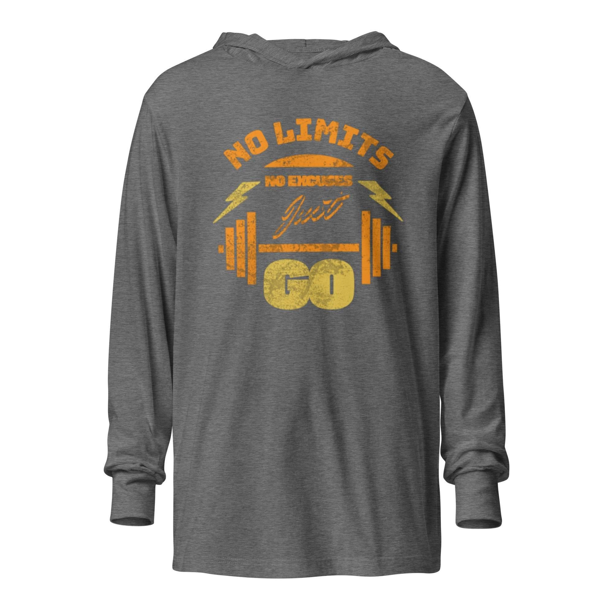 Grey-triblend hooded long sleeve with No Limits training graphic – motivational fitness hoodie tee for bold style and all-day comfort. - Annaise Store