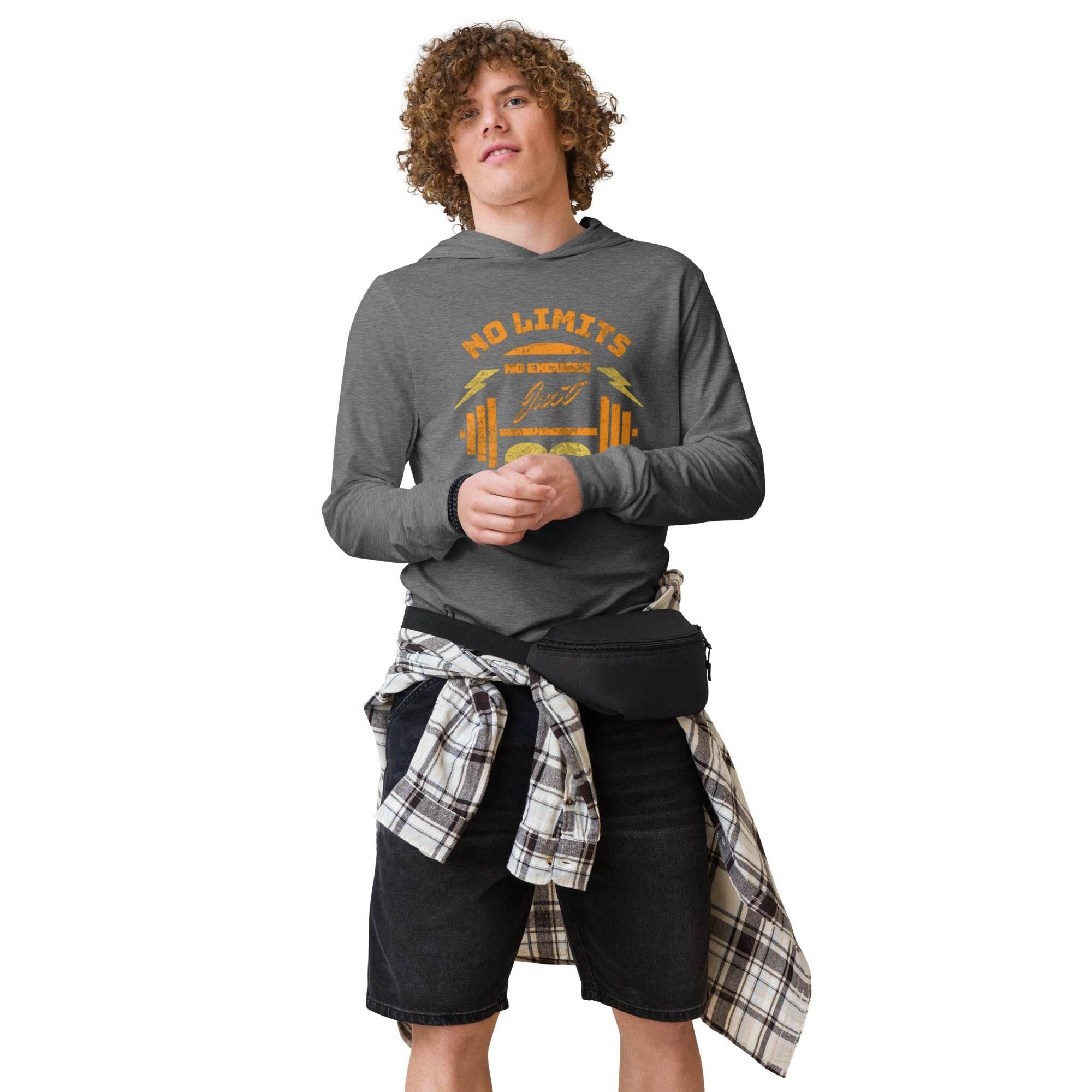 Grey-triblend hooded long sleeve with No Limits training graphic – motivational fitness hoodie tee for bold style and all-day comfort. - Annaise Store